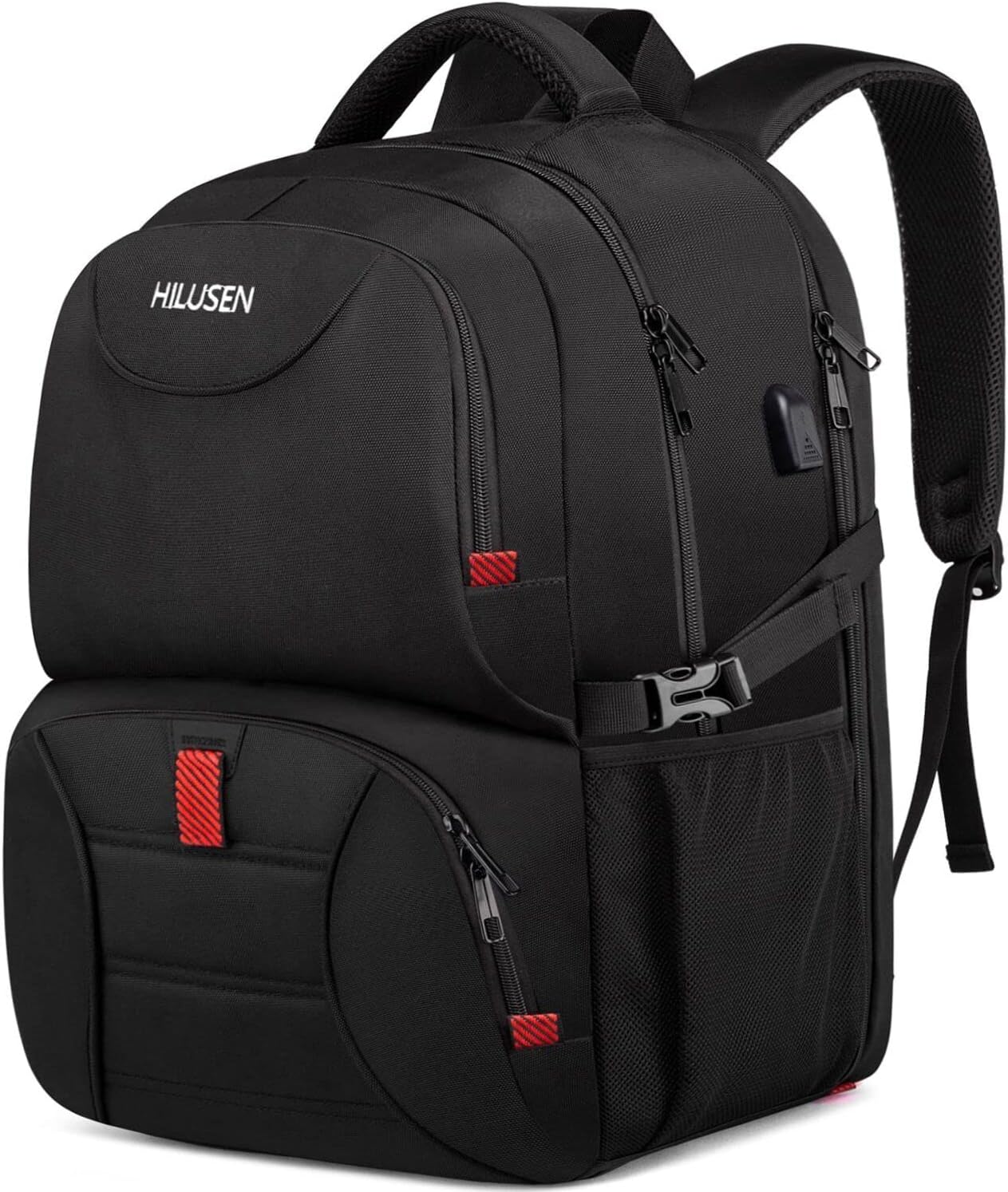 Hilusen Men's Large 50L Backpack Lunch Computer 17.3 Inches Waterproof Work with USB Charging Port, Laptop for School Travel, College, Business, Black