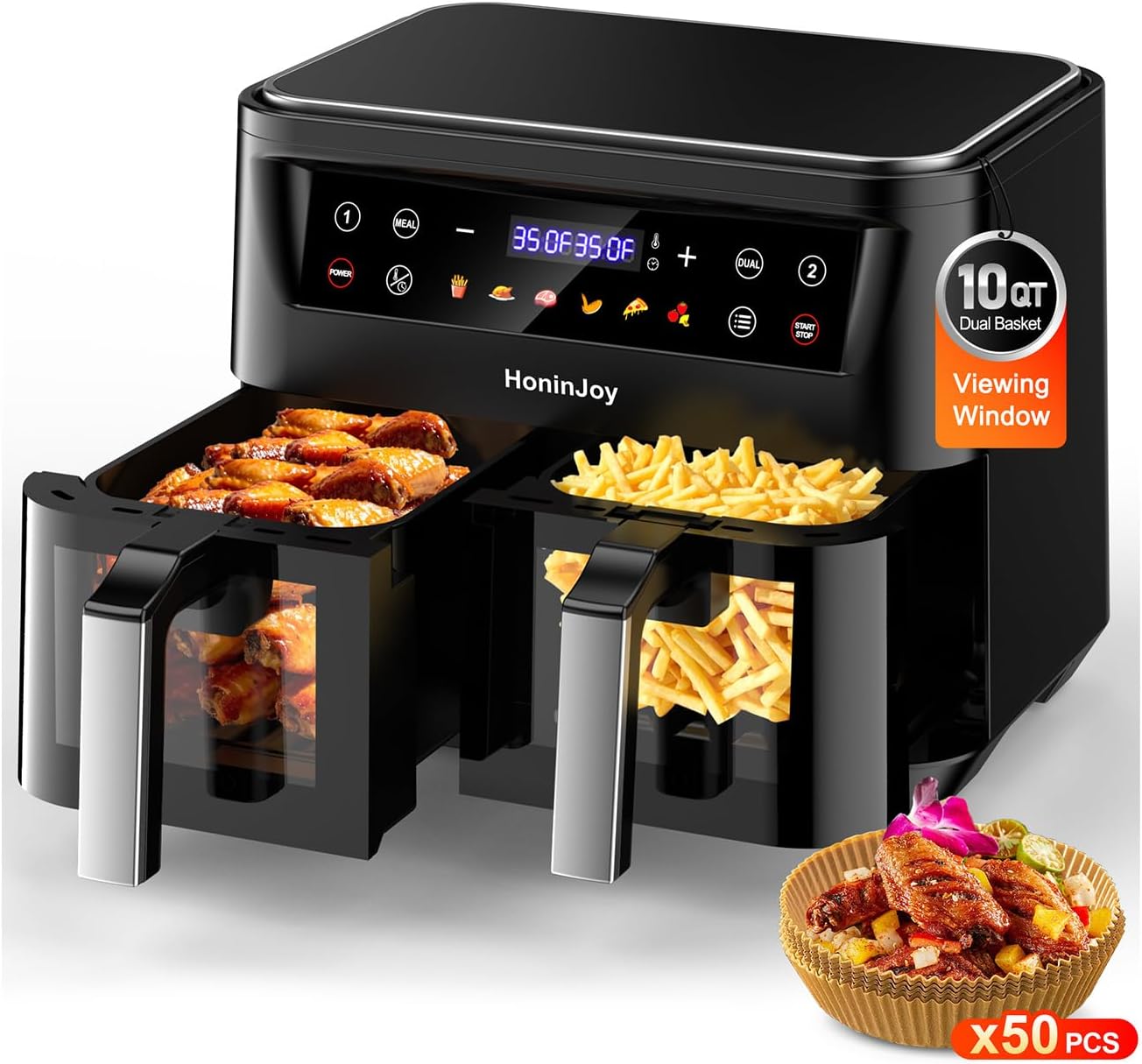 10QT Large Dual Basket Air Fryer with Viewing Window and 50pcs Paper Liners, 10-in-1 Digital Touchscreen Double Zone Air Fryers, SyncCook to Bake,Roast,Reheat,Broil, Stainless Steel 304