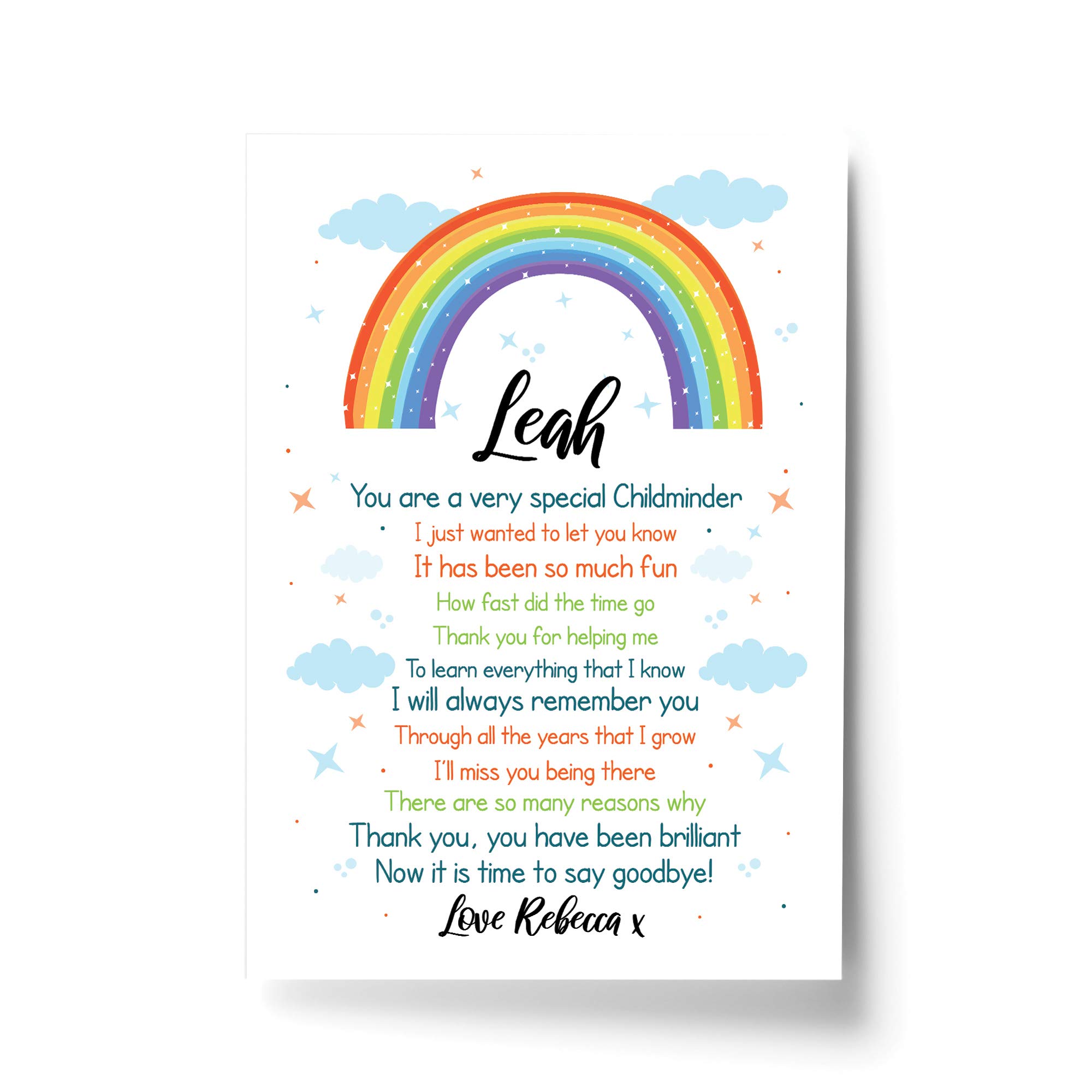 RED OCEAN Personalised Rainbow Childminder Thank You Teacher Gift School Leaving Gift (A4 Print Only - PERSONALISED Childminder Rainbow)