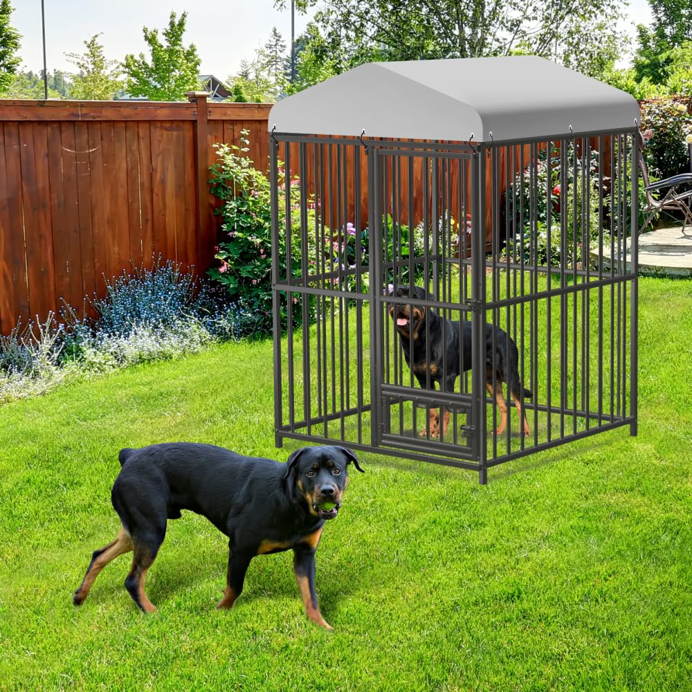 GarveeLife Large Dog Kennel with Waterproof Roof, 8x4x6 ft Large Outdoor Dog Kennel with Feeding Doors, Heavy Duty Dog Enclosures for Outdoor Garden Backyard Courtyard Black, 60.6