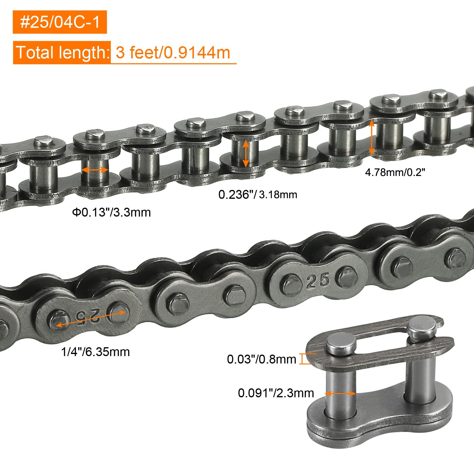 sourcing map #25/04C-1 Chaîne à rouleaux en acier au carbone avec 2 maillons de connecteur maître gratuits pour mini vélos, motos, 144 maillons