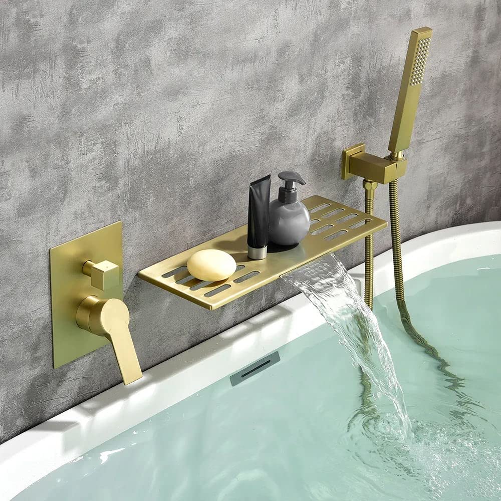 Photo 1 of ***PARTS ONLY NOT FUNCTIONAL***KunMai Wall Mounted Bathtub Faucet with Handheld Shower, Brushed Gold Waterfall Tub Faucet, High Flow Wall Mount Tub Filler (Brushed Gold)