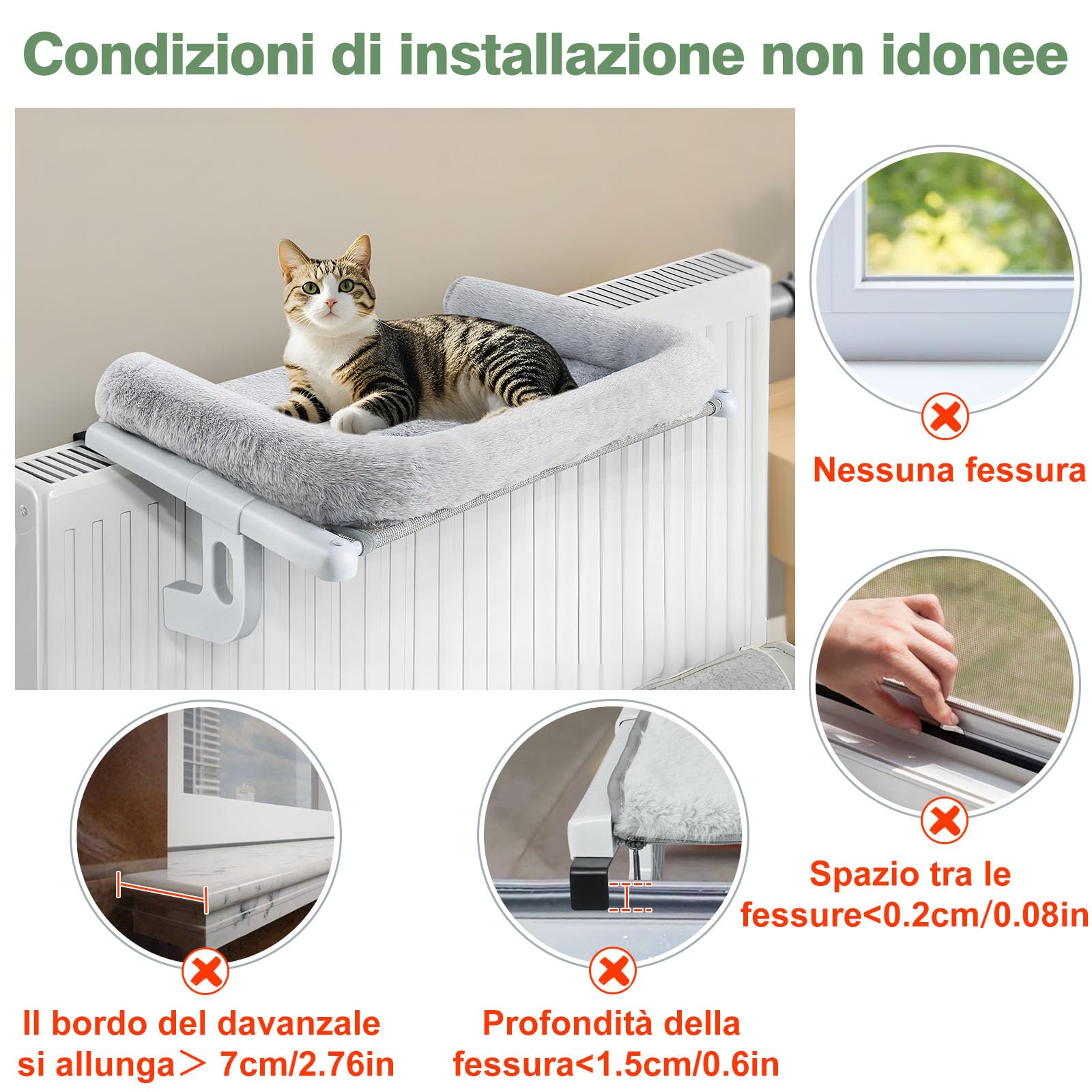 GUUSII HOME Amaca per Gatti da Finestra Cuccia Gatto Morbida da Interno Letto Regolabile Cucce Trespolo Facile da Montare e Spostare per Comodino Robusta 63 * 38cm Sostenere Fino a 18kg(Grigio,L)
