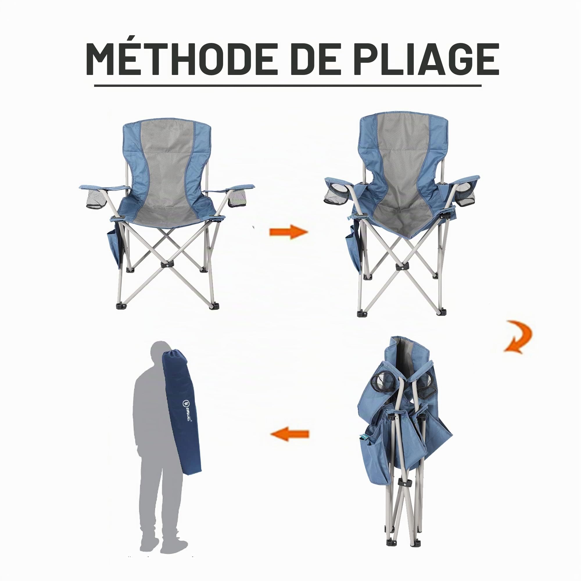 Homecall Chaise de camping pliable avec poche latérale (Gris/bleu)