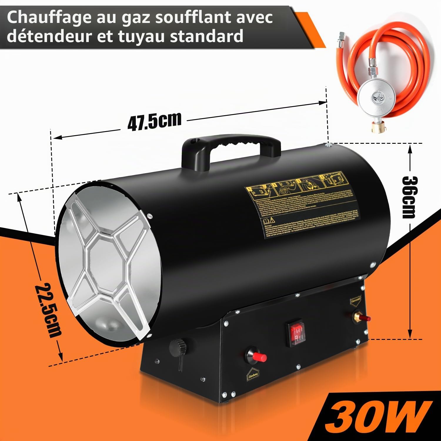 Ikodm Chauffage à gaz pour intérieur 30 kW 220 V Chauffage à gaz soufflant au gaz propane 650 m³/h Débit d'air avec tuyau de gaz de 1,2 m et soupape de réduction de pression 700 mbar