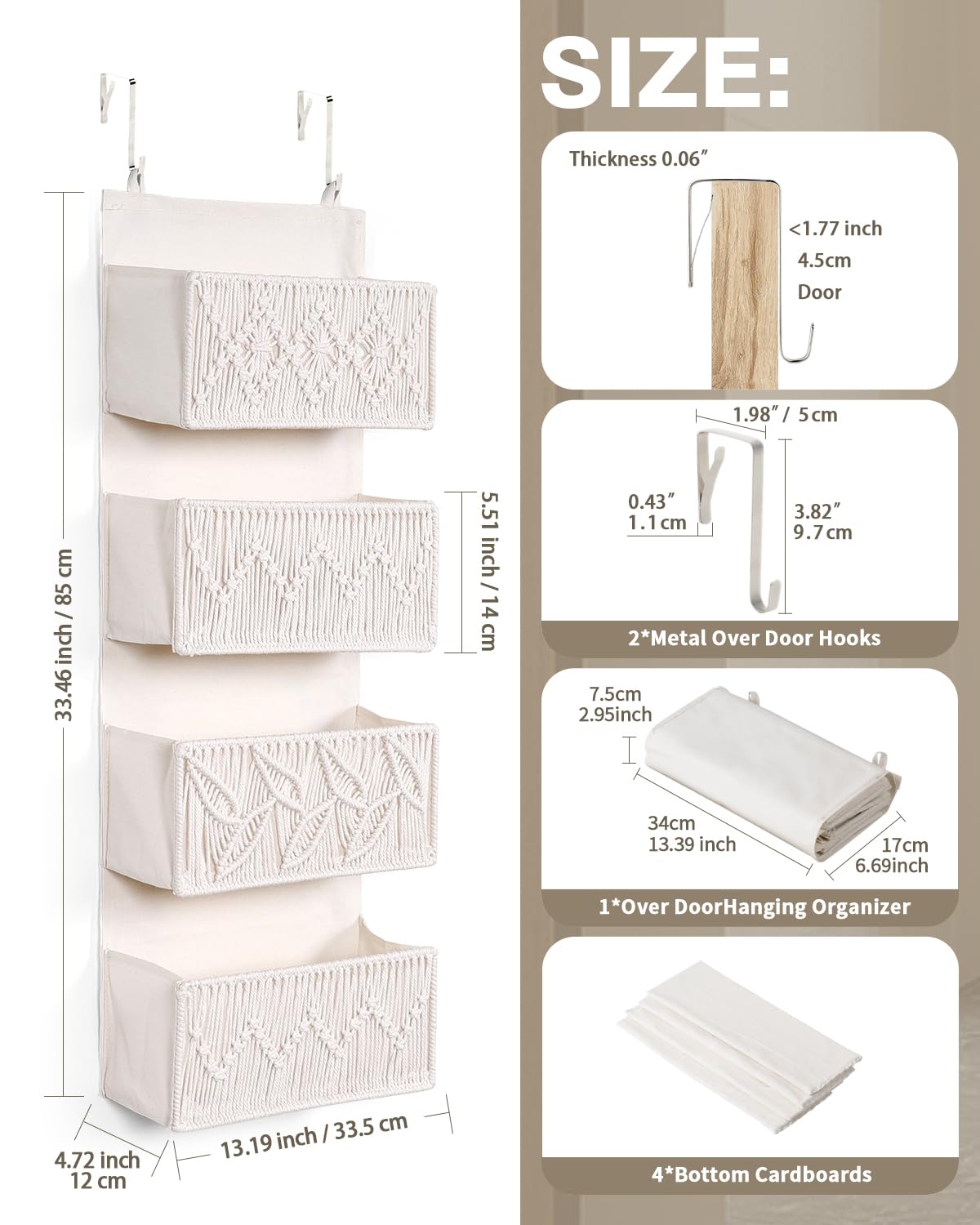 ANTIS'S HOME Organizador colgante para colgar sobre la puerta, tejido a mano de lino de algodón beige con 4 bolsillos, almacenamiento vertical para dormitorio, baño, guardería, cocina, organizador
