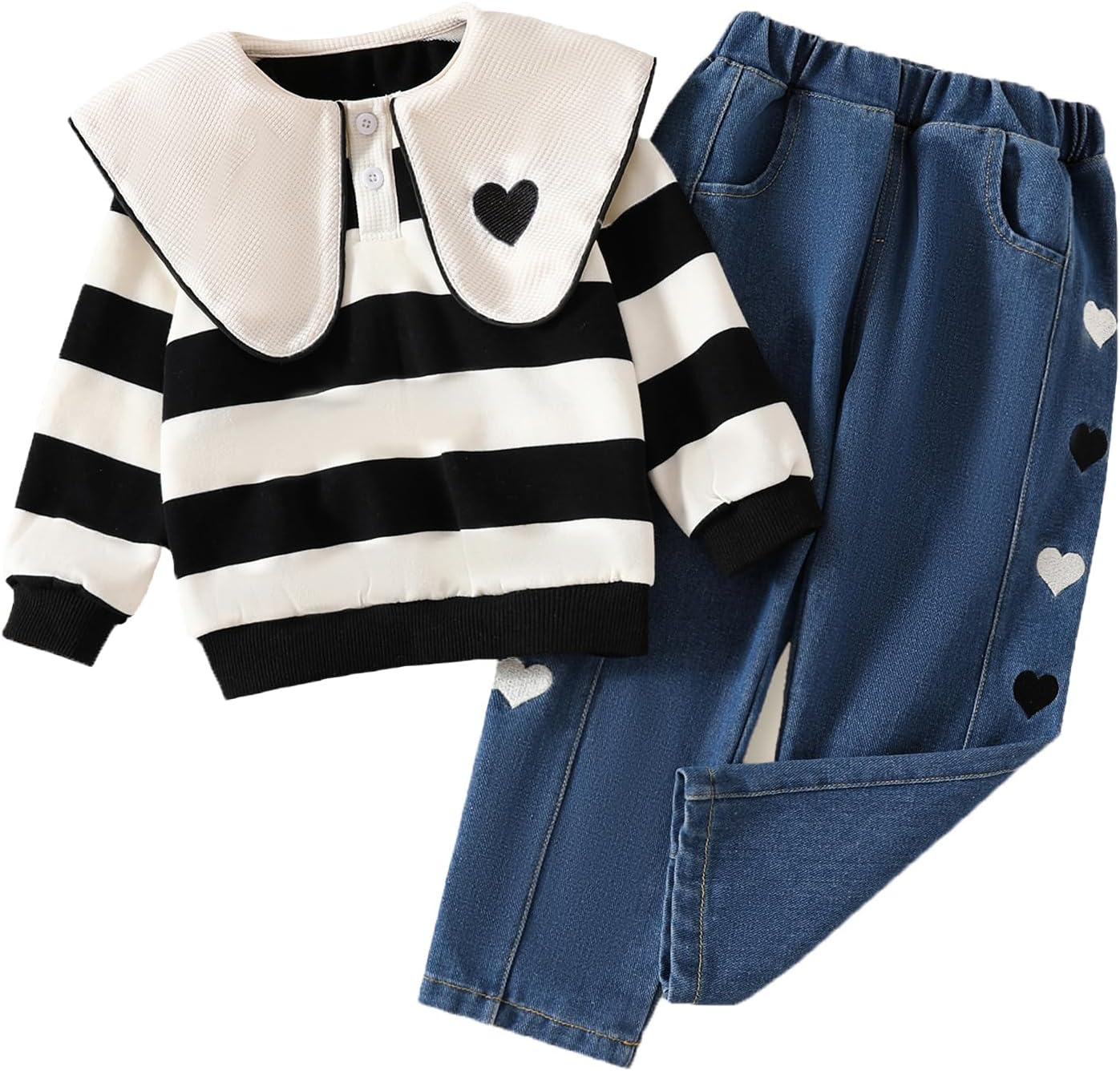 Toddler Girls 2 Pieces Peter Pan Collar Casual Sweatshirt Top and Jeans Denim Pants Set Clothing Outfits for 80-120cm