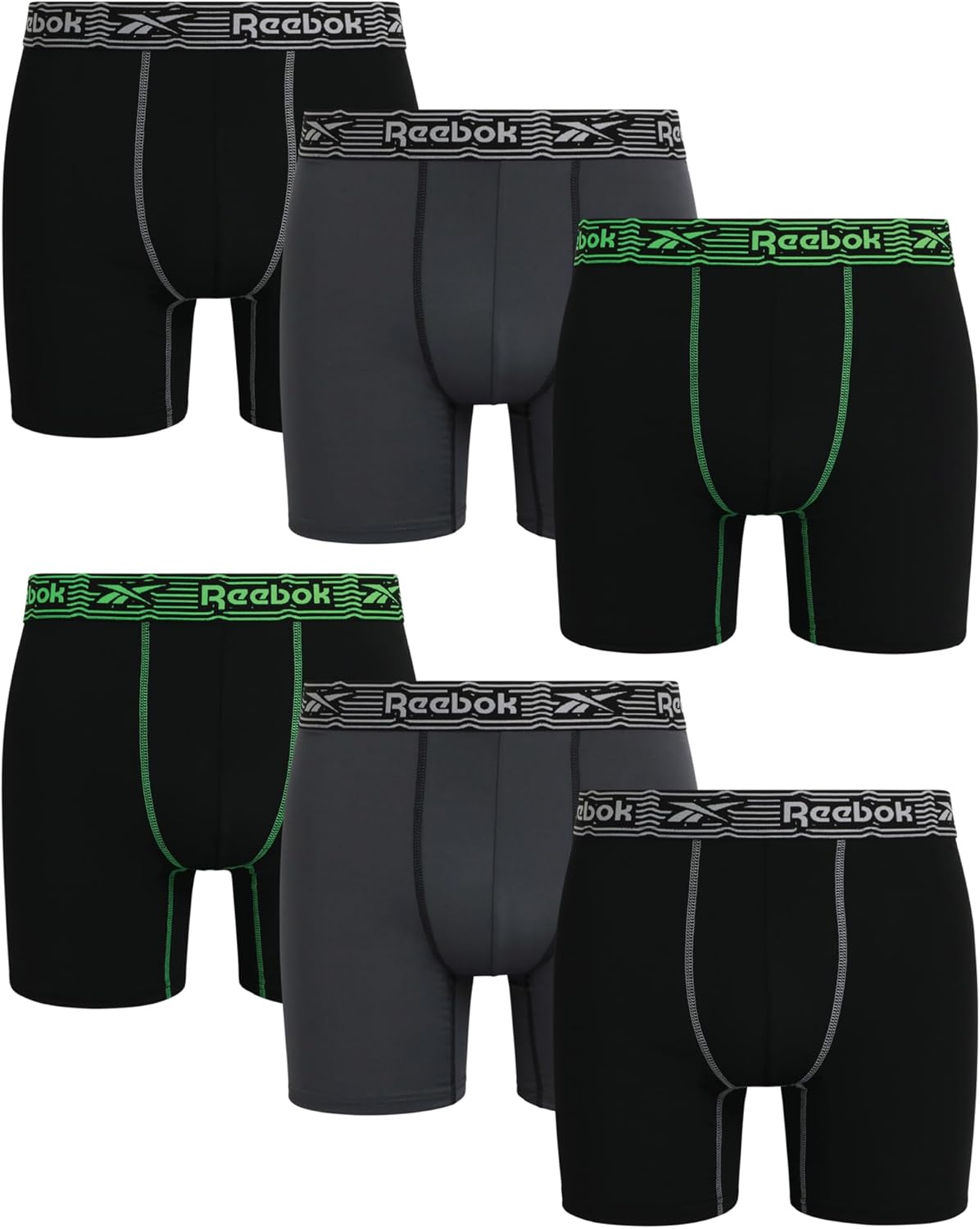Reebok Mens Boxer Briefs - 6 Pack Stretch Moisture Wicking 6” Inseam Mens Underwear with Contour Pouch Boxers for Men