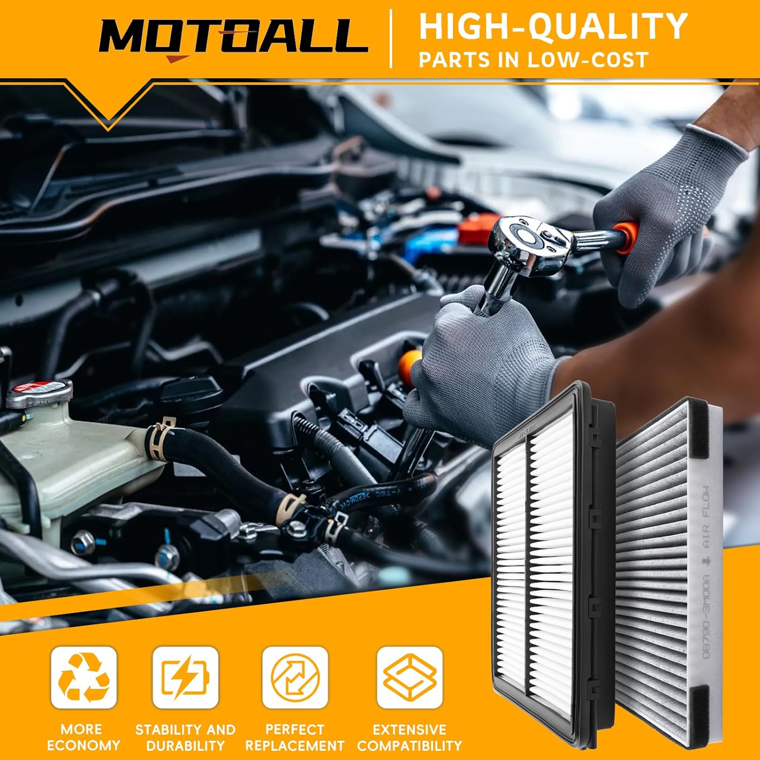 MOTOALL Engine Air Filter & Cabin Air Filter Combo Set Replaces# 28113-A9100 08790-3M000A Fit for Kia Telluride for Hyundai Santa Fe 2019-2024