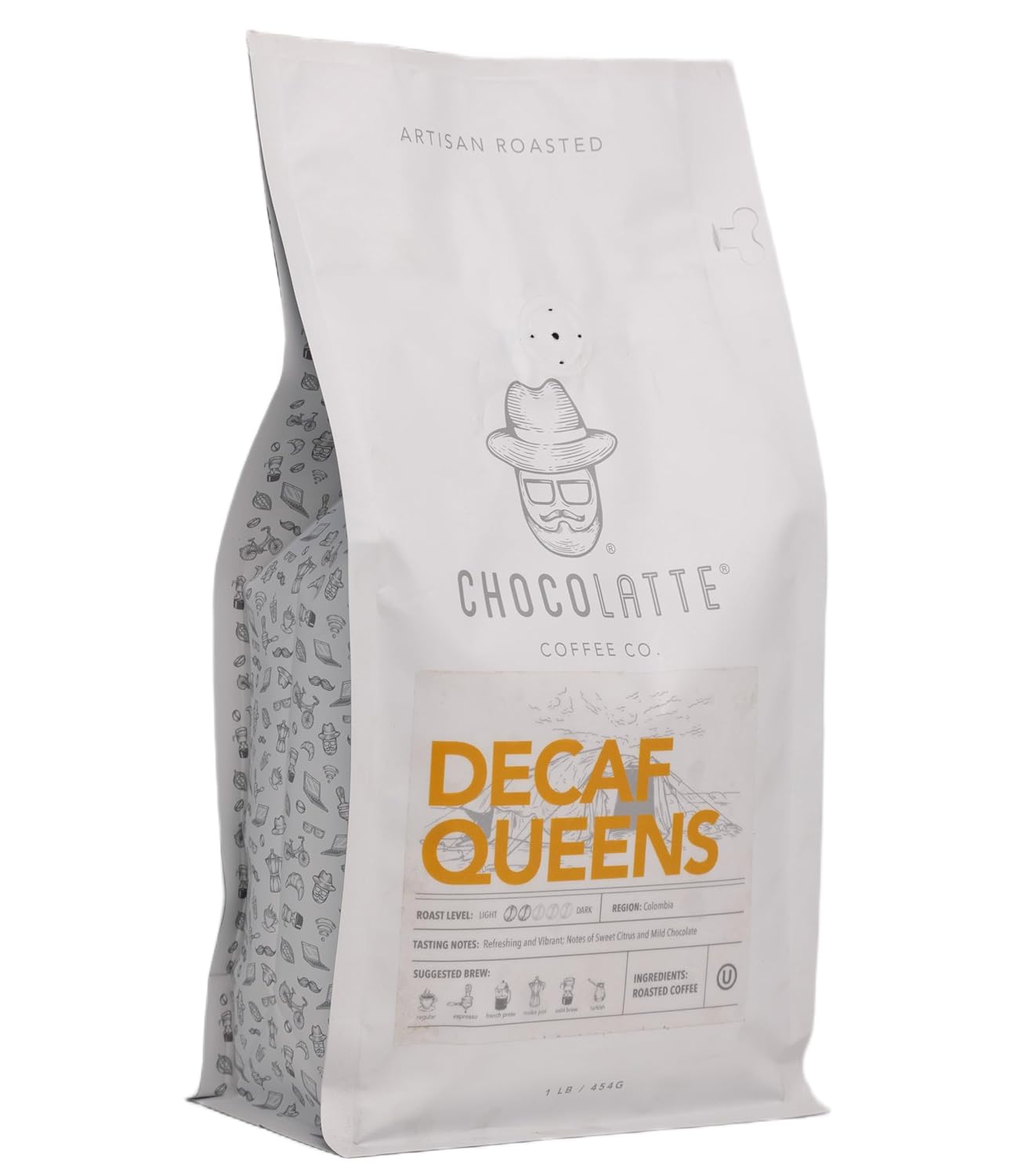 Chocolatte, Decaf Queens Artisan Coffee – Medium Light Roast 2/5, Small Batch Colombian Single Origin, Sweet Citrus Mild Chocolate Notes, Kosher Vegan Gluten Free Resealable Bag (1 lb, DECAF QUEENS)