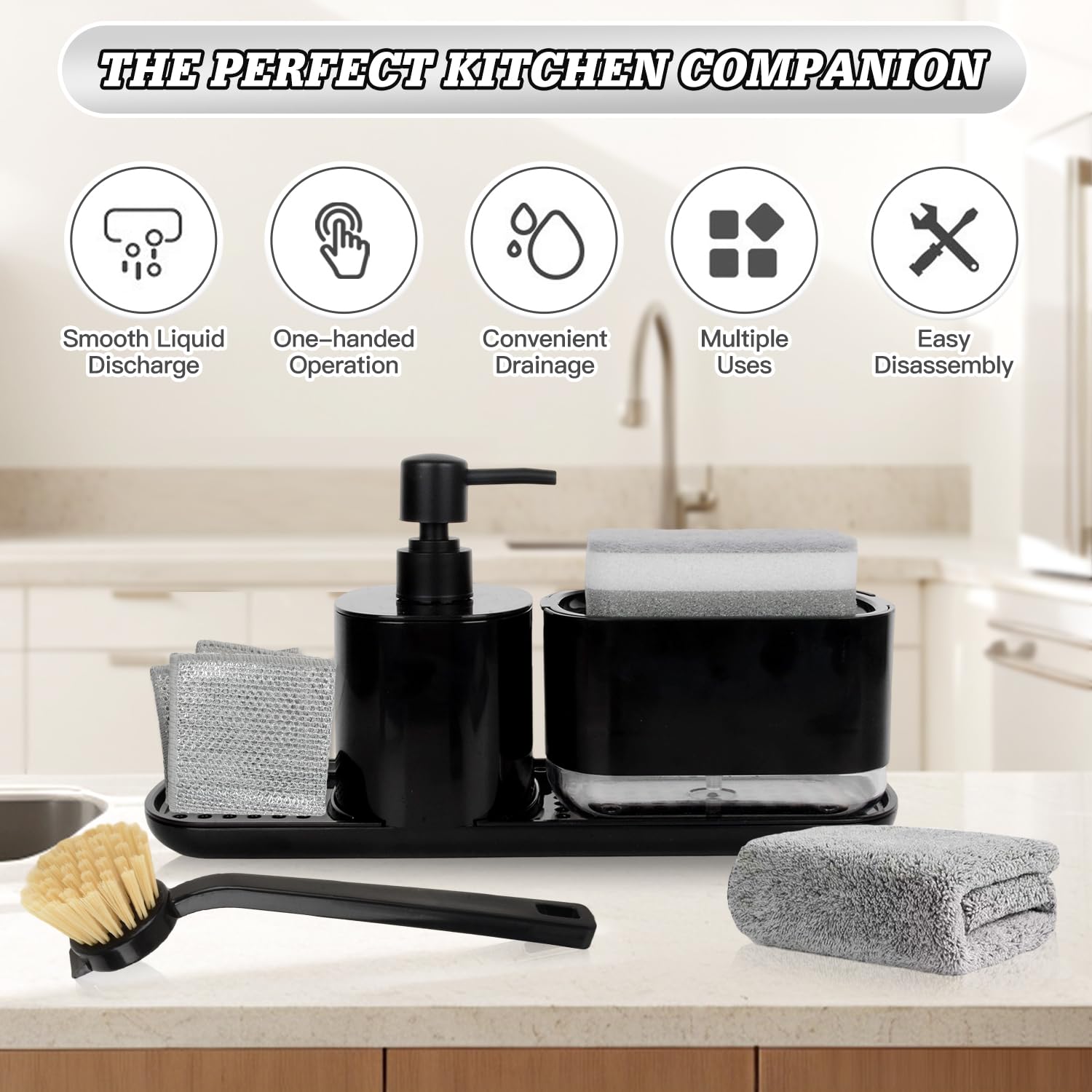 Dosificador Jabon Cocina, Juego de Organizador de Cocina Negro con Trapo, Cepillos y Esponja, Organizador de Fregadero Detergente Recargable, Caja de Almacenamiento de Fregadero de Jabón Líquido