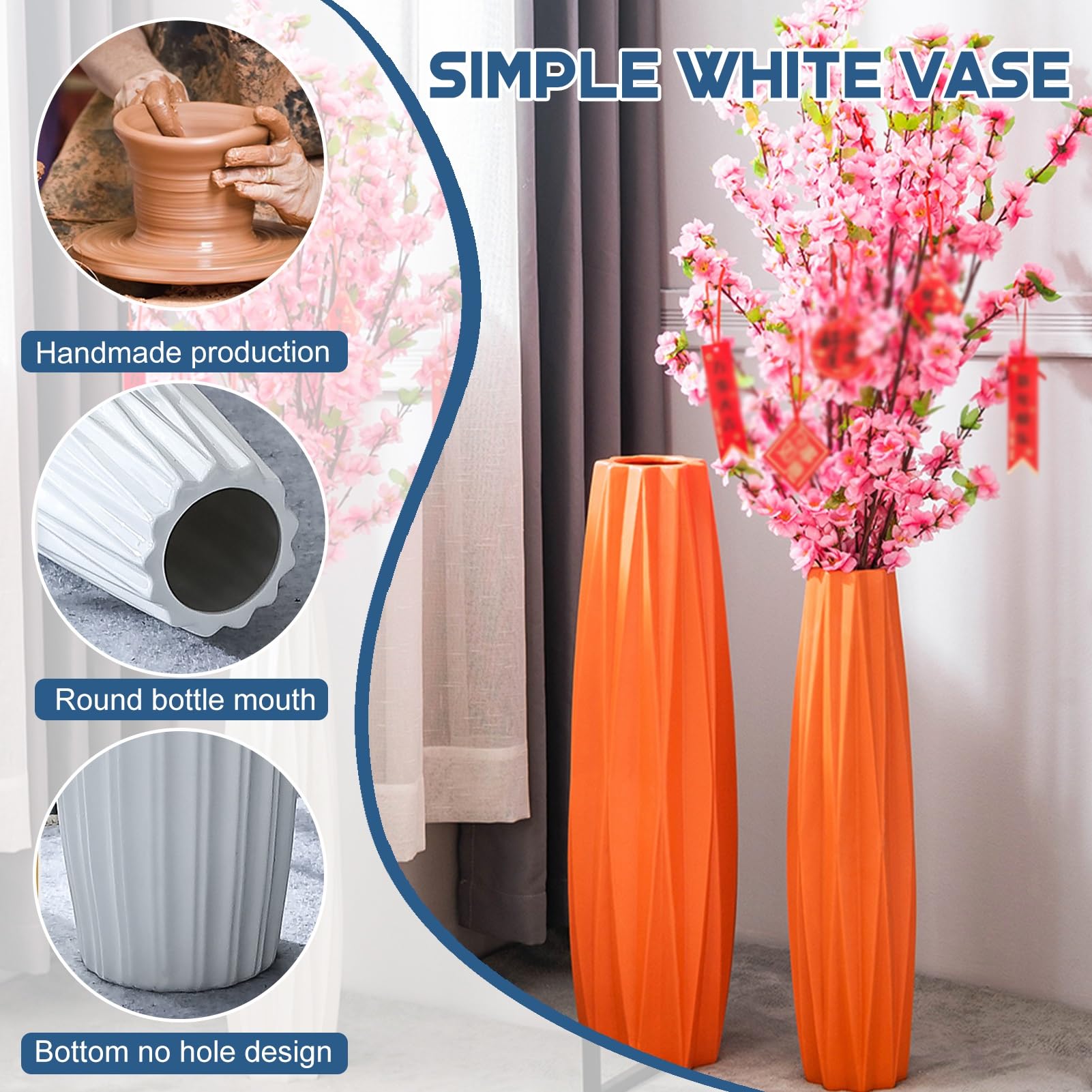 Grande vaso da pavimento in ceramica per soggiorno, moderno vaso alto da pavimento, ideale per fiori, rami e composizioni secche, perfetto per ufficio e decorazione domestica (bianco B 71 cm)