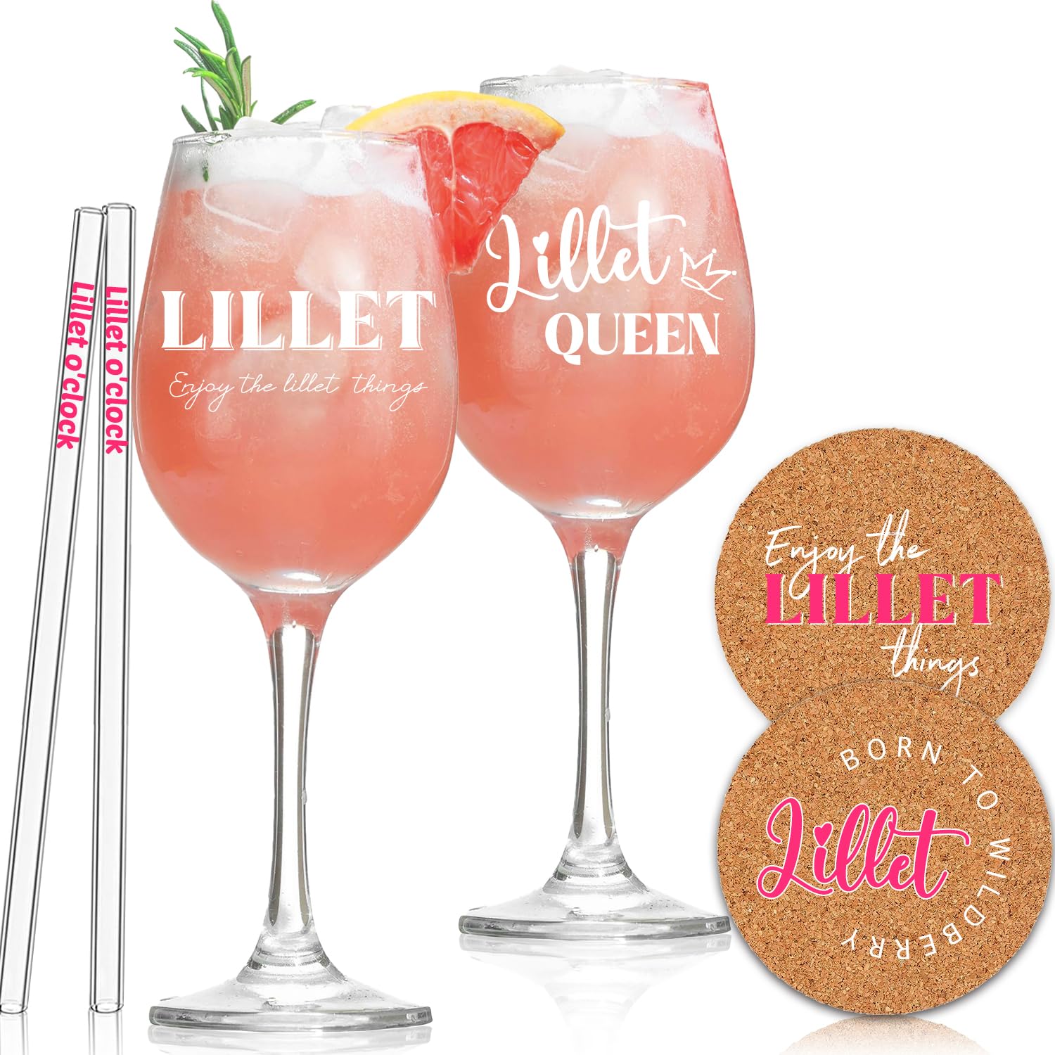 2er Set Lillet Gläser Geschenkset - Wildberry Spritz Gläser | Glasstrohhalme | Korkuntersetzer, Cocktail Glas, Tolles Geschenk für Lillet-Fan