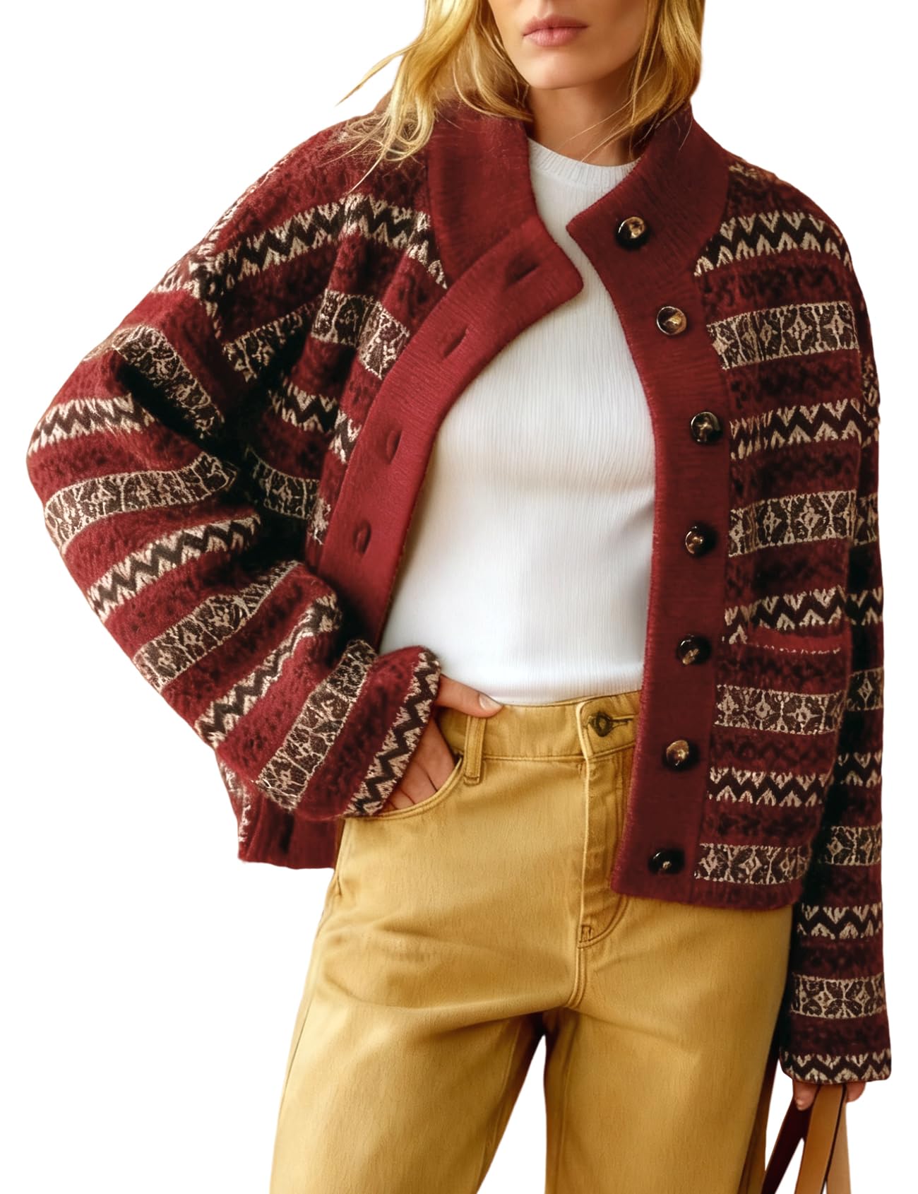 Arssm Womens Button Up Cardigan Sweater Crewneck Jacquard Knit Long Sleeve Color Block Cardigan Jackets