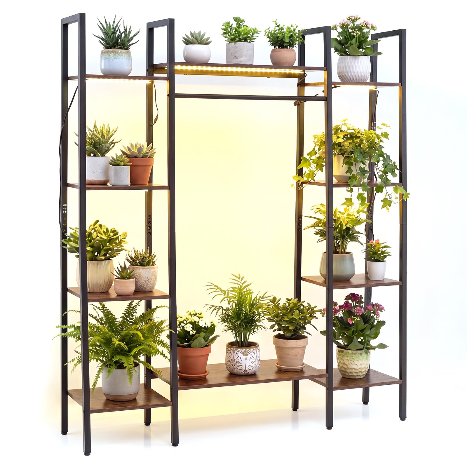 COSTWAY Scaffale Portapiante con Luci Regolabili, Scaffale Portavasi a 10 Ripiani con Telecomando e 4 Modalità d'Illuminazione, Portafiori da Interno ed Esterno in Legno e Metallo, Marrone