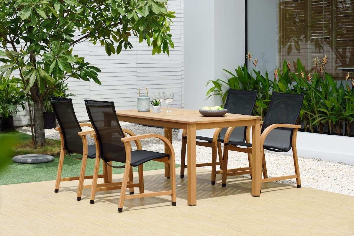 Amazonia Angelo Eucalyptus Patio Dining Set Teak Finish and Quick-Dry Black Chairs, Rectangular 5-Piece