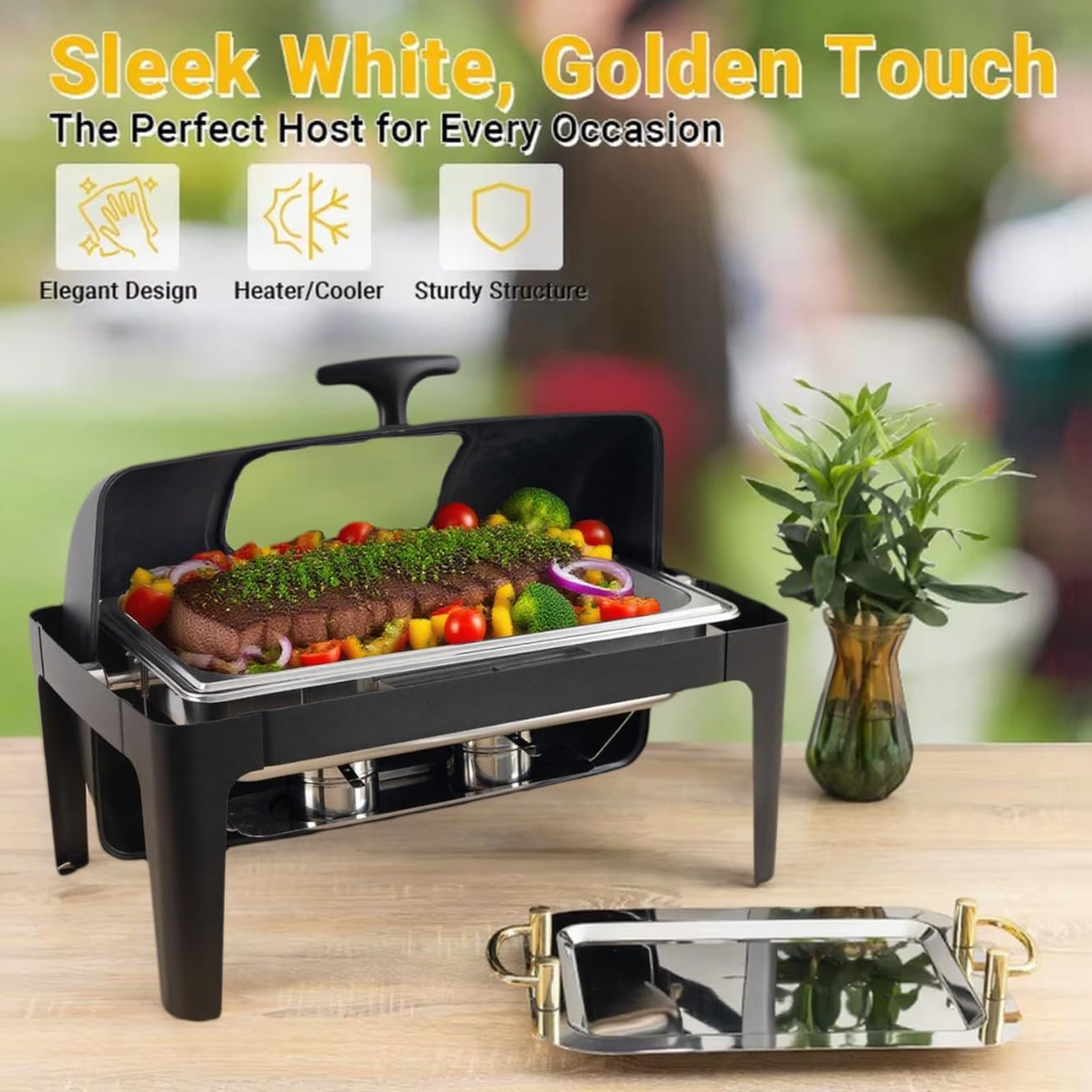 9L Rectangular Chafing Dishes for Buffet,Hinged Roll-Top Lid Stainless Steel Buffet Servers and Warmers and Food Warmer with Thick Frame for Catering Events Parties Weddings Dinners,Black