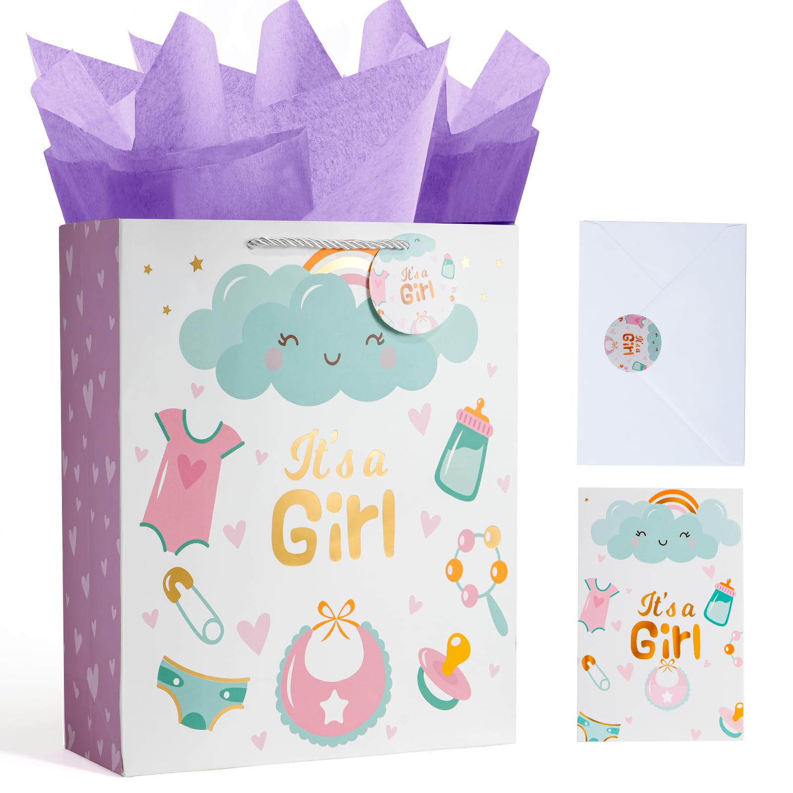 Enfoldia 32cm Large Purple Baby Girl Gift Bag with Handle Greeting Card Tissue Papers and Stickers Its a Girl Gift Bag for Baby Shower New Baby Newborn Parents Gender Reveal Party Favors