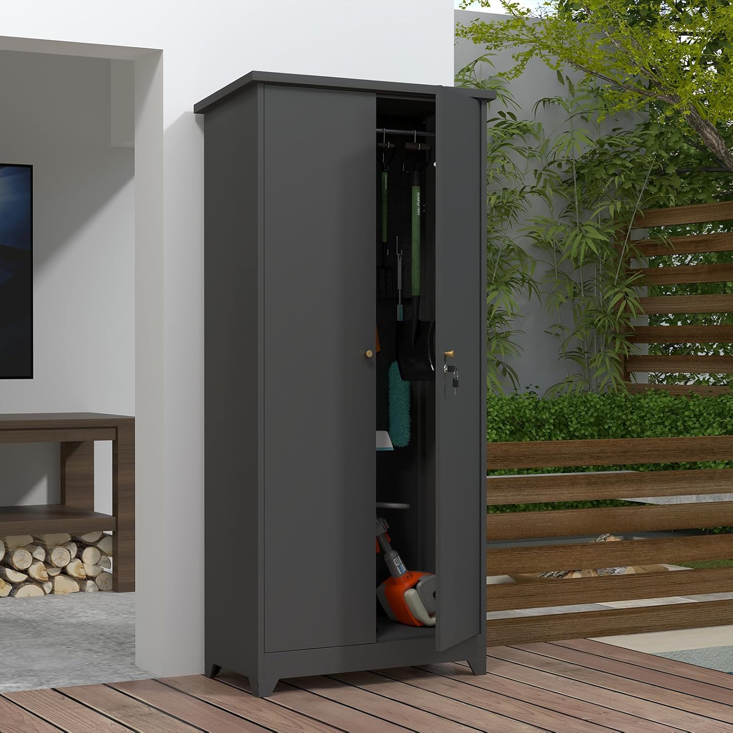 72" Waterproof Storage Cabinet with Versatile Storage Space, Floor Storage Cabinets with Secure Anti-Theft Locking, Storage Locker with Leveling Feet for Garden, Grey