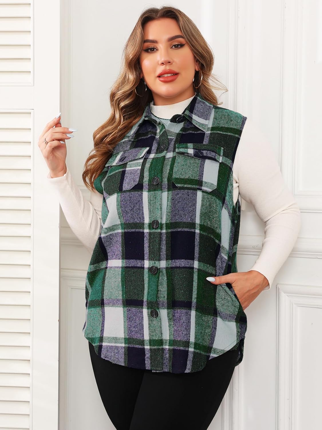 CYCLAMEN Plus Size Women's Flannel Plaid Long Vest Button Down Sleeveless Jacket Shacket - Image 6