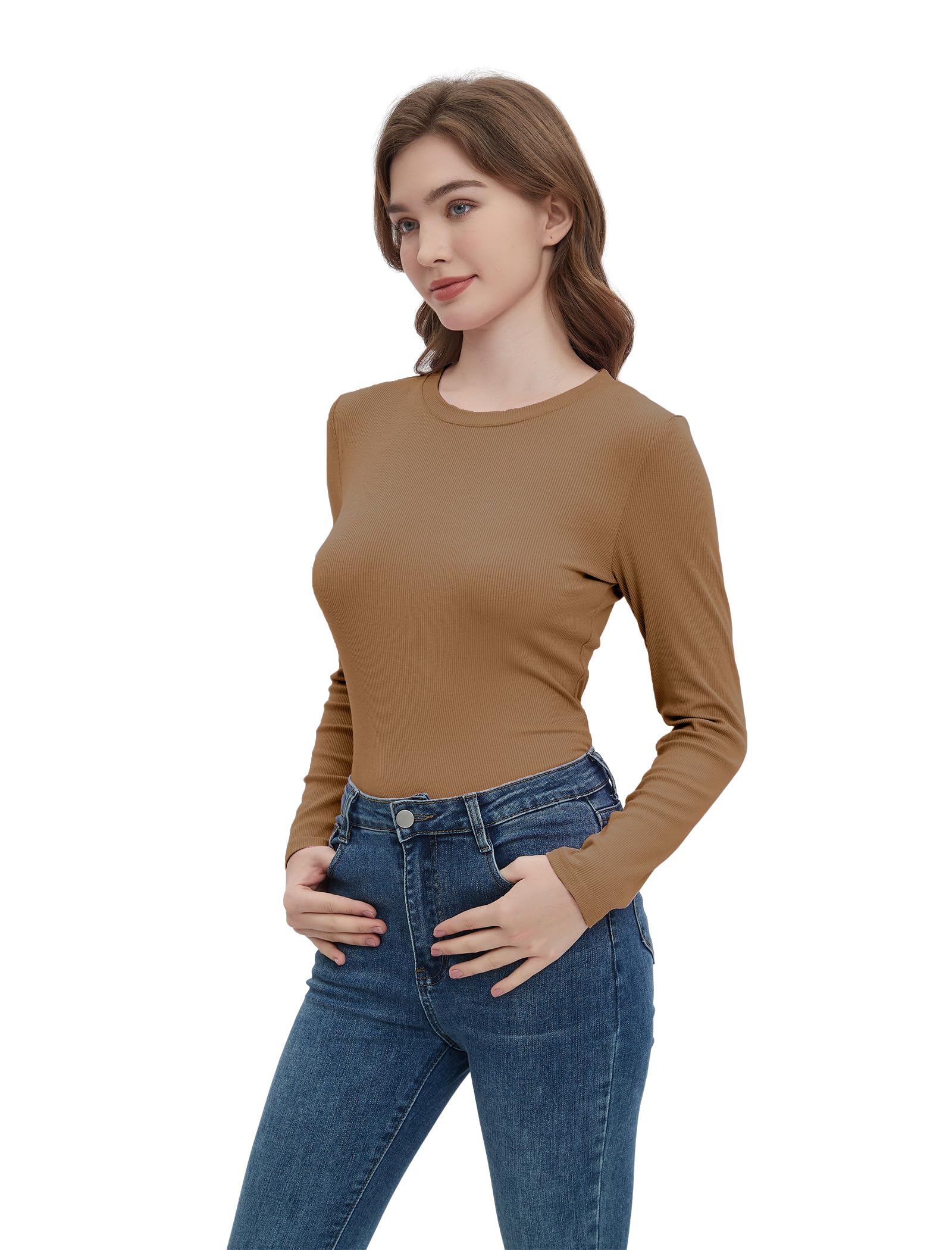 Women Long Sleeve Ribbed Knit Fitted Slim Fit Solid Color T-Shirt Cute Top Crew Neck Basic Shirts (Medium,Khaki)