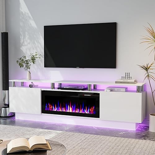 Miniatura 9 de Soporte de TV con chimenea de 36 pulgadas, soporte de TV negro de 70 pulgadas para sala de estar, moderno soporte de TV con chimenea eléctrica con
