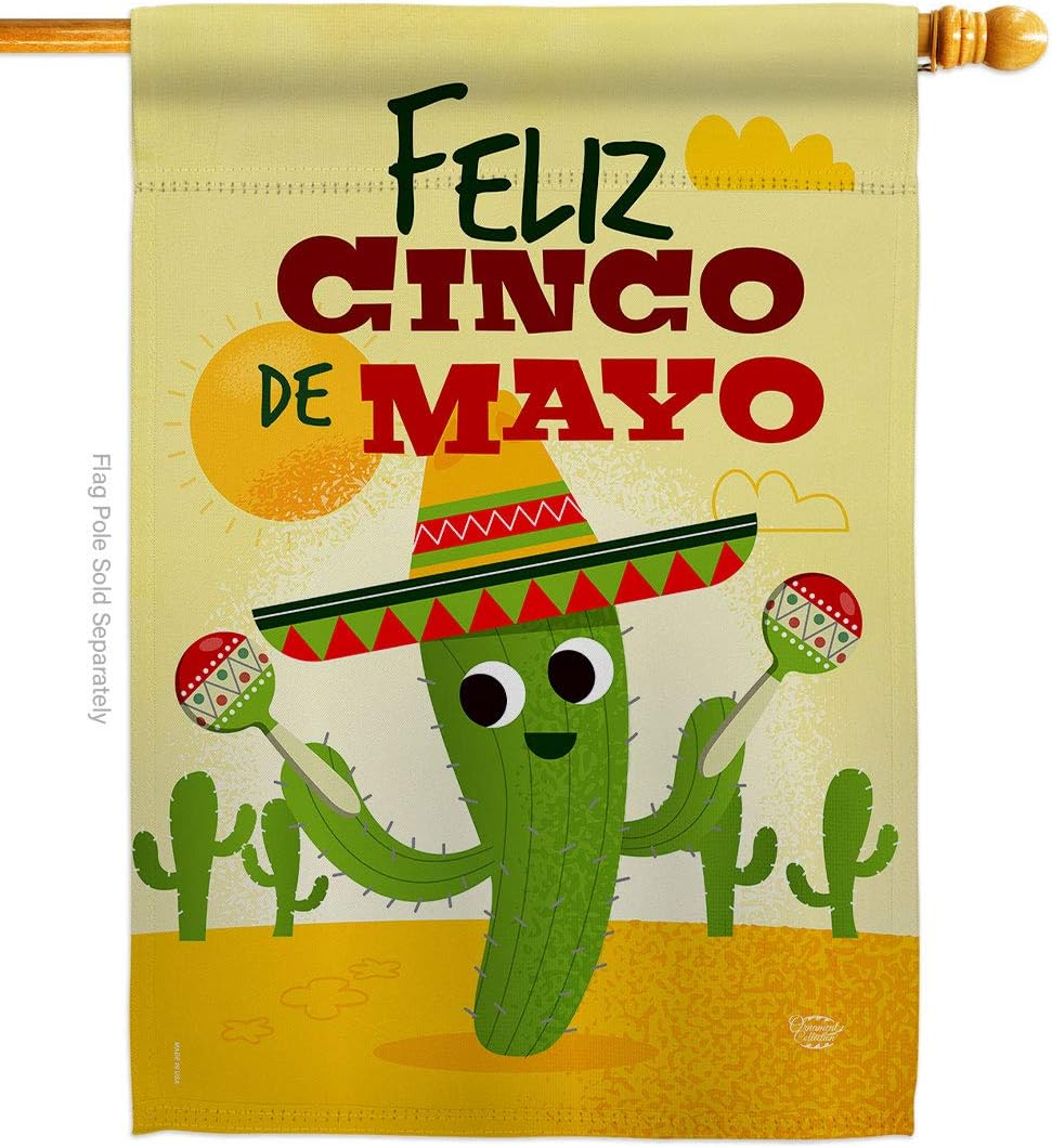 Feliz Cinco de Mayo House Flag - Summer Mexican Fiesta Party Cactus Summertime Sunny - Decoration Banner Small Garden Yard Gift Double-Sided Made in USA 28 X 40, 28" x 40"