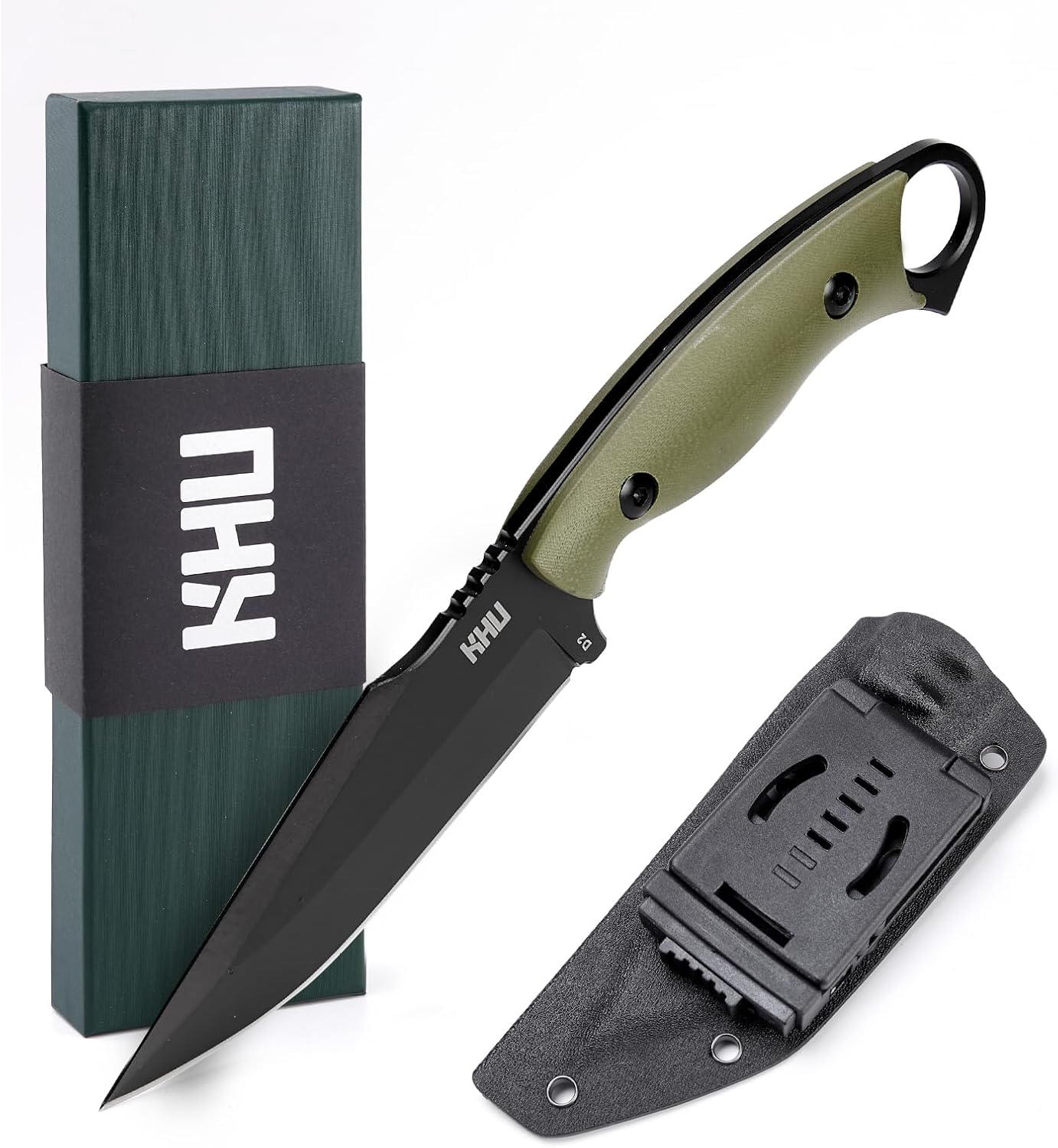 KHU Fixed Blade Knife Tactical, Hunting Knife Survival Knife D2 Steel G10 Handle, Outdoor Hunting Camping Accessories Camping Gear With Kydex Sheath (Black-17A), Medium