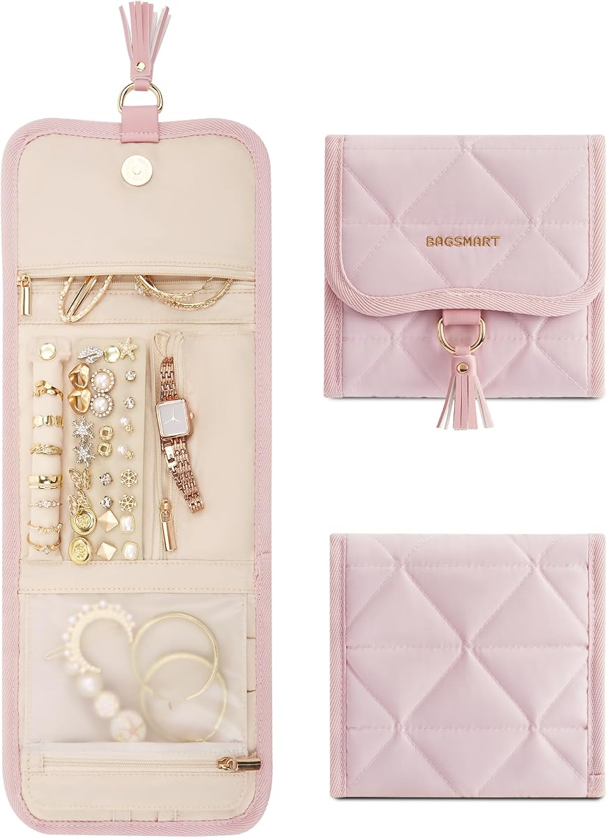 BAGSMART Estuche organizador de joyas de viaje, estuche de joyería plegable enrollable para anillos de viaje, collares, aretes, pulseras, broches, mínimo, rosa
