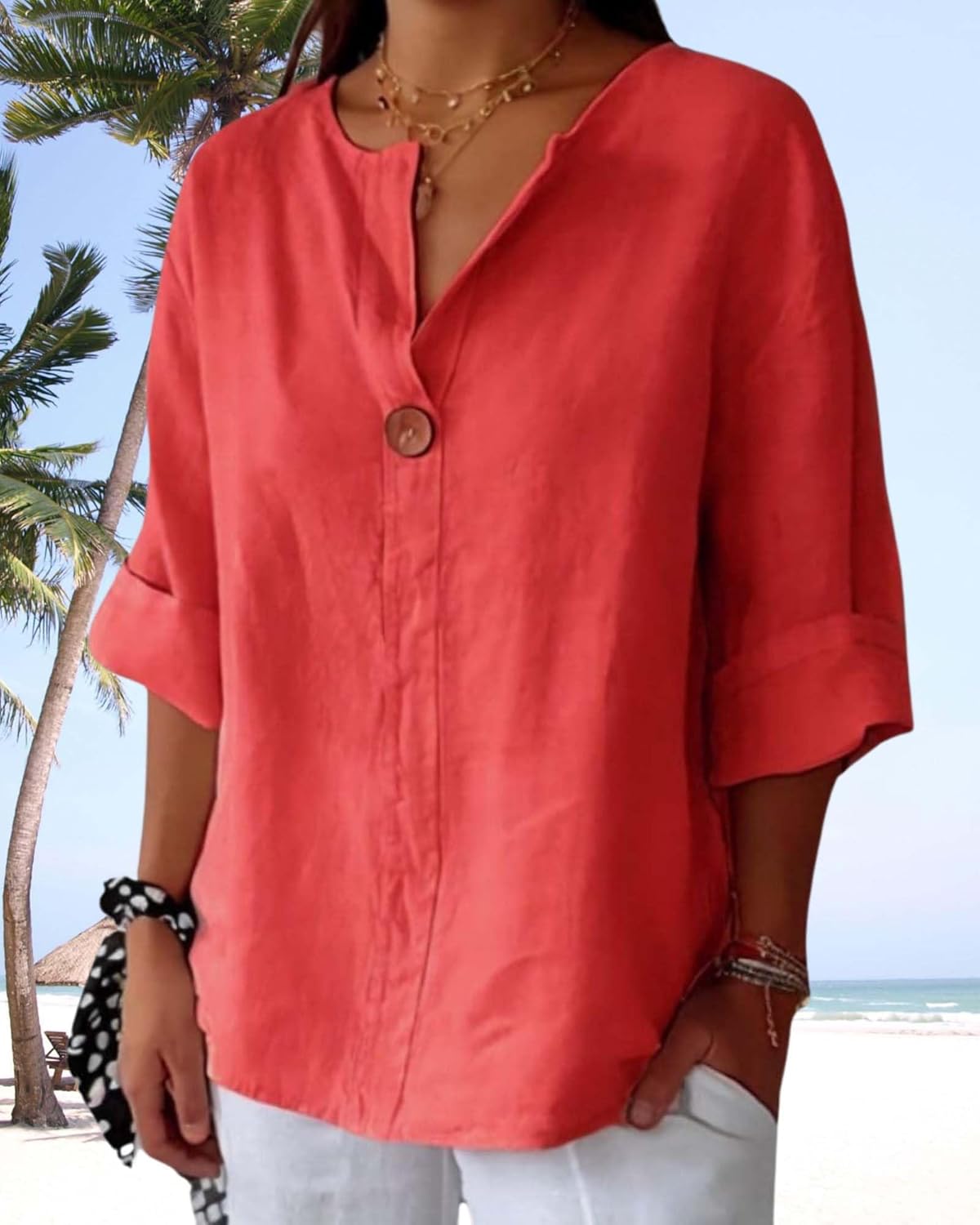 Womens Cotton Linen Button Down Shirts Casual Summer V Neck 3/4 Sleeve Solid Loose Fit Tunic Tops Vacation Tee - Image 5