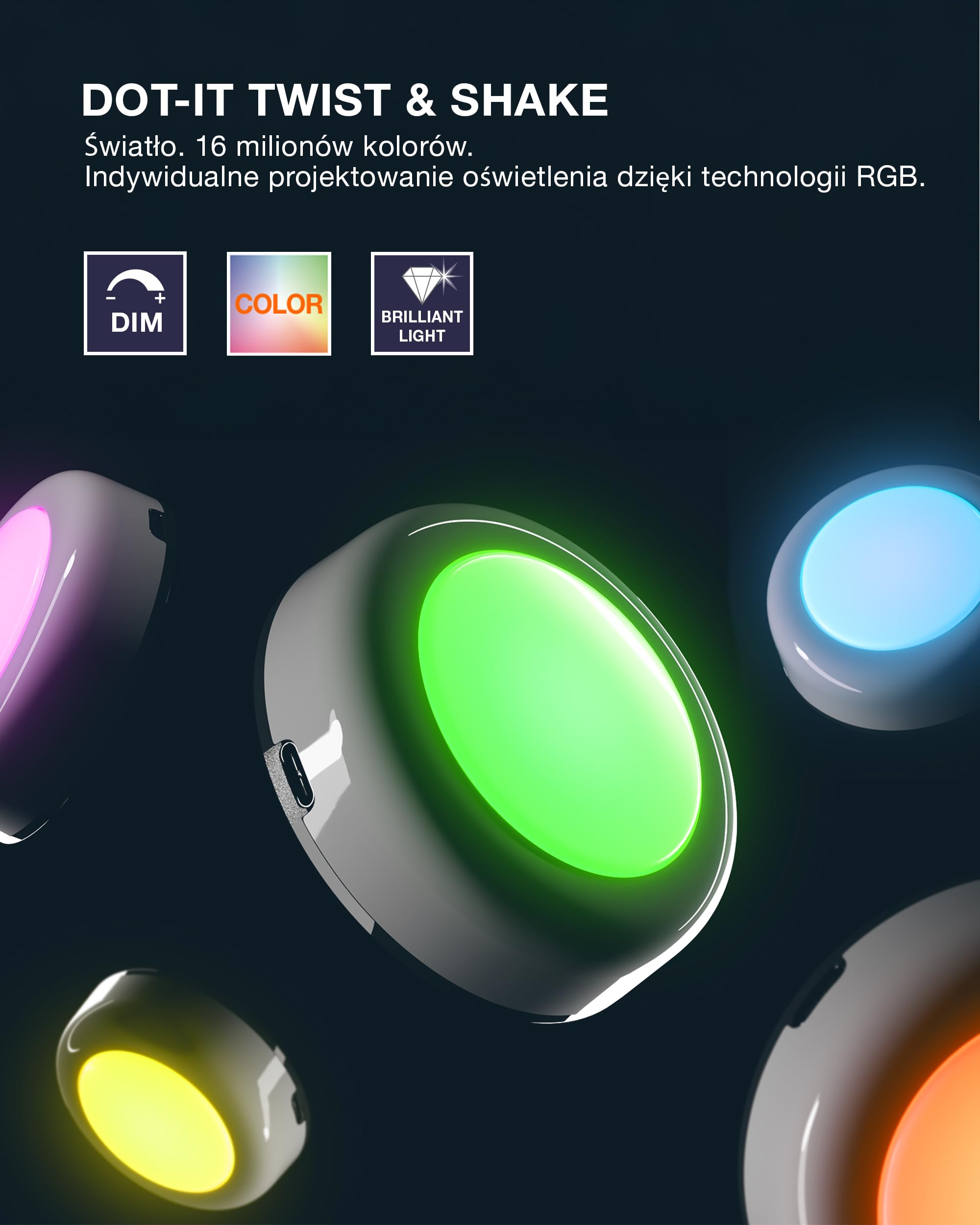 OSRAM SMART+ DOT-IT TWIST & SHAKE, inteligentna przenośna lampka nocna lub dziecięca z 16 milionami kolorów RGB, sterowana przez nacisk i obrót lub aplikację, funkcja snu z dźwiękami otoczenia, 6-pak