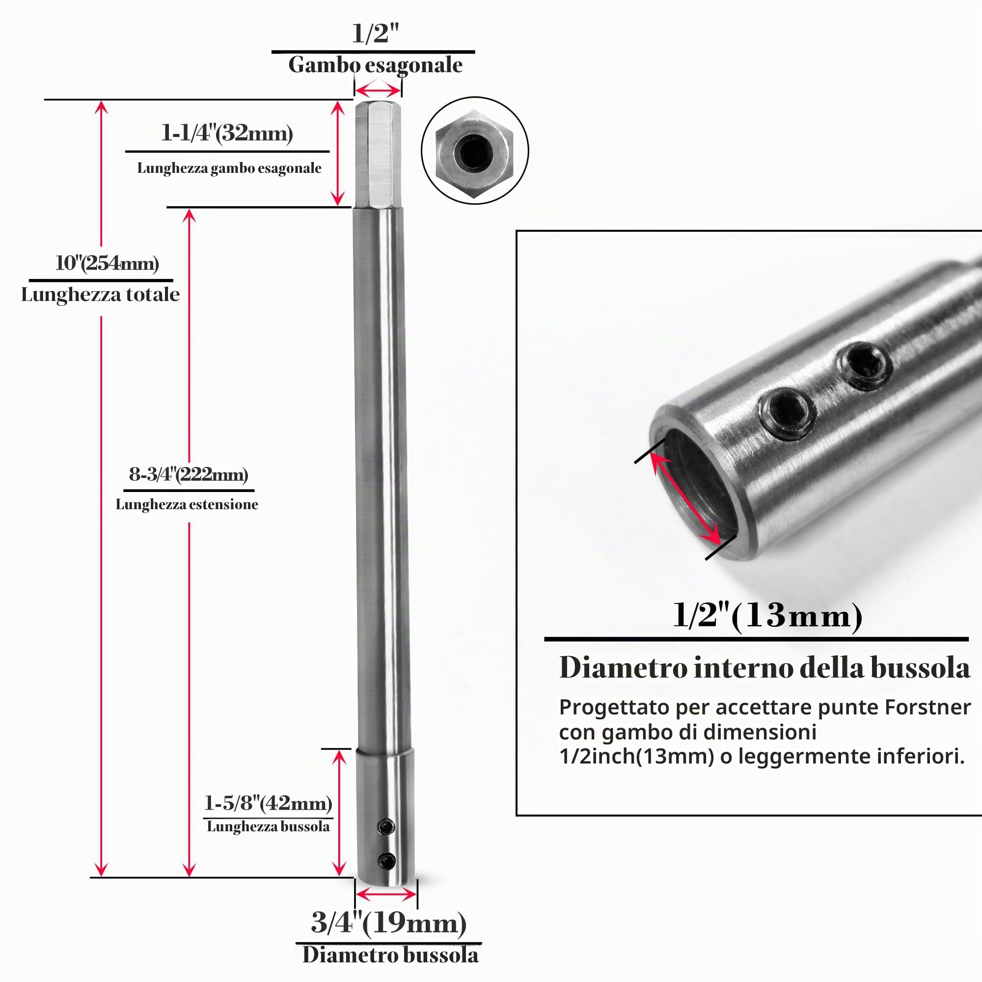 ASNOMY Estensione extra lunga della coclea della nave da 254mm, con attacco da 1/2", l'estensione del bit della trivella della trivella della nave,Prolunga Punte Trapano per gambo da 12,7mm