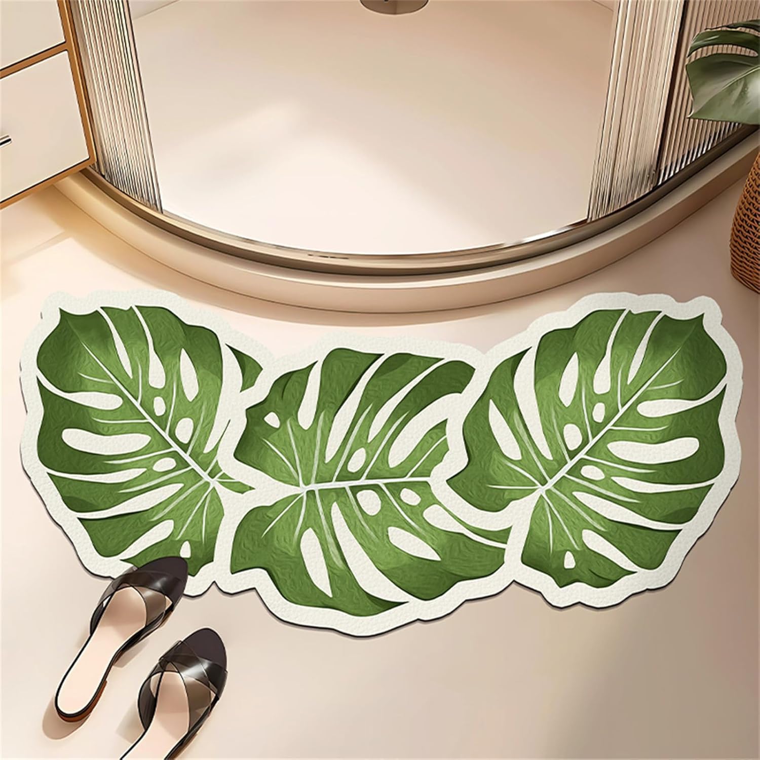 Syhonic Green Leaf Curved Bath Mat 17.7""X39"" Non Slip Soft Absorbent Corner Shower Mat Washable Bathtub Carpet Bathroom Rug