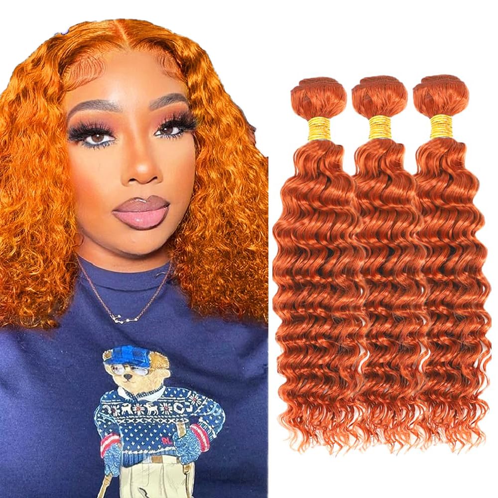 Color 350 Human Hair Bundles Ginger Deep Wave Bundle 12 14 16 inch AuokMar Mixed Length 3 Bundles Ginger Copper Hair Extensions 150g