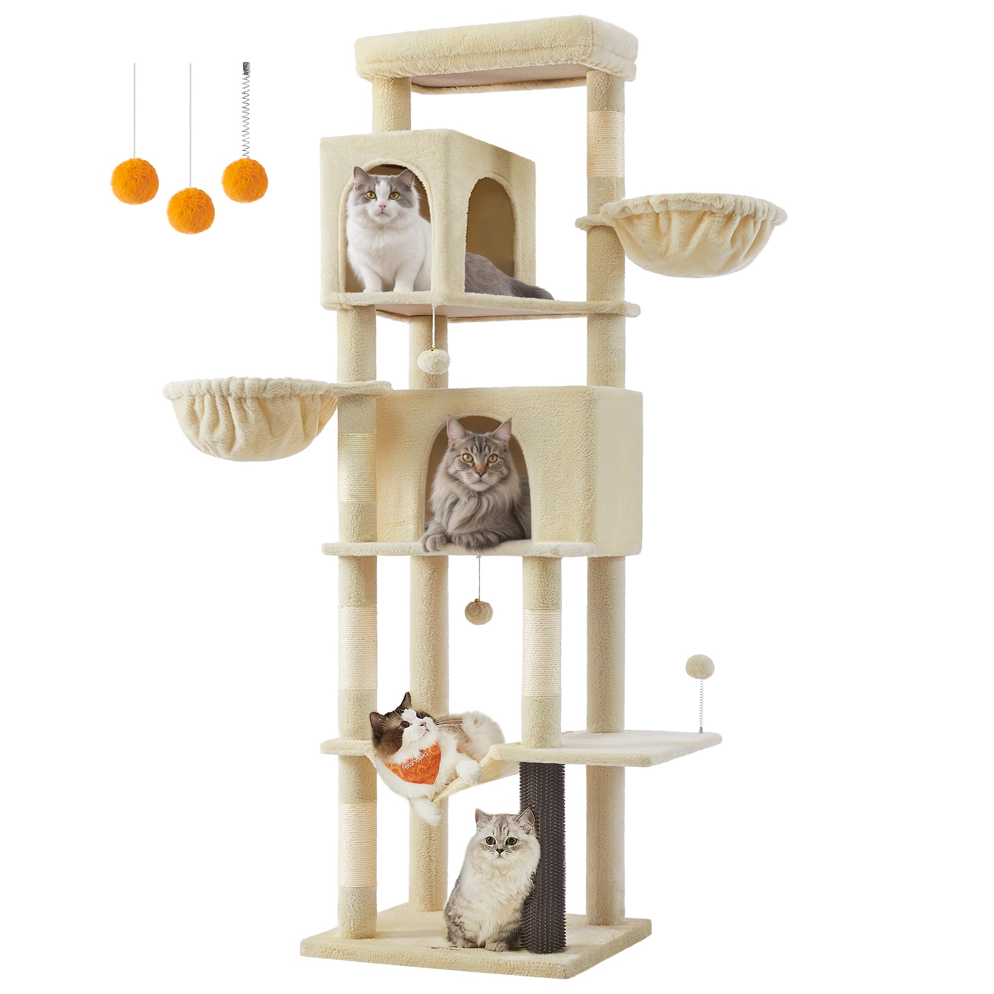 Feandrea Kratzbaum groß, 190 cm hoch, XXL, mit 2 Höhlen, 2 Liegemulden | Mehrstöckiger Katzenbaum, 5 Kratzsäulen, Katzenbürste, große Plattform, sandbeige, CLAWFY Kollektion PCT183Y01