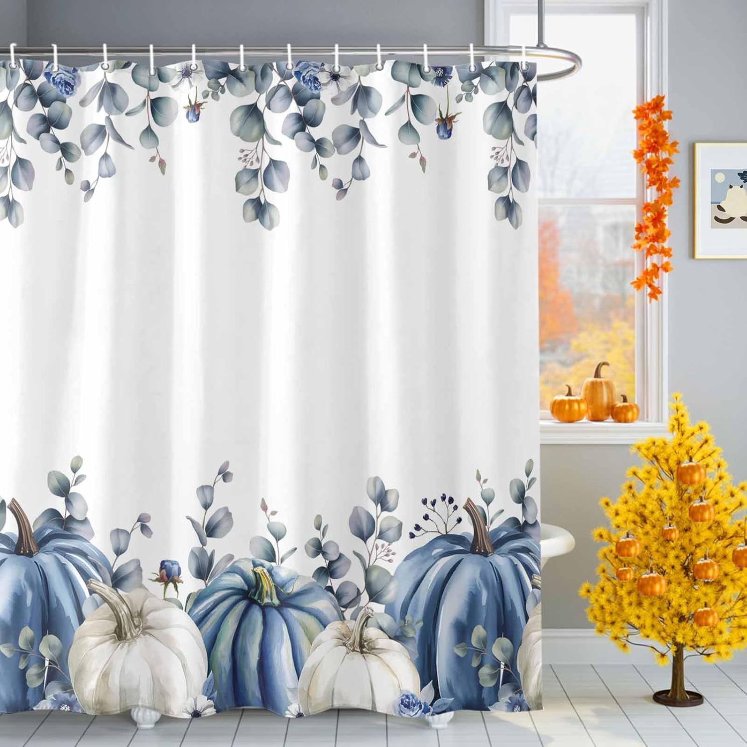 Fall Shower Curtain Set, Blue Pumpkin Bath Shower Curtain with Hooks Waterproof Polyester Fabric Shower Curtains for Bathroom Holiday Thanksgiving Decorations White Pumpkins Green Leaves 72x72 Inch