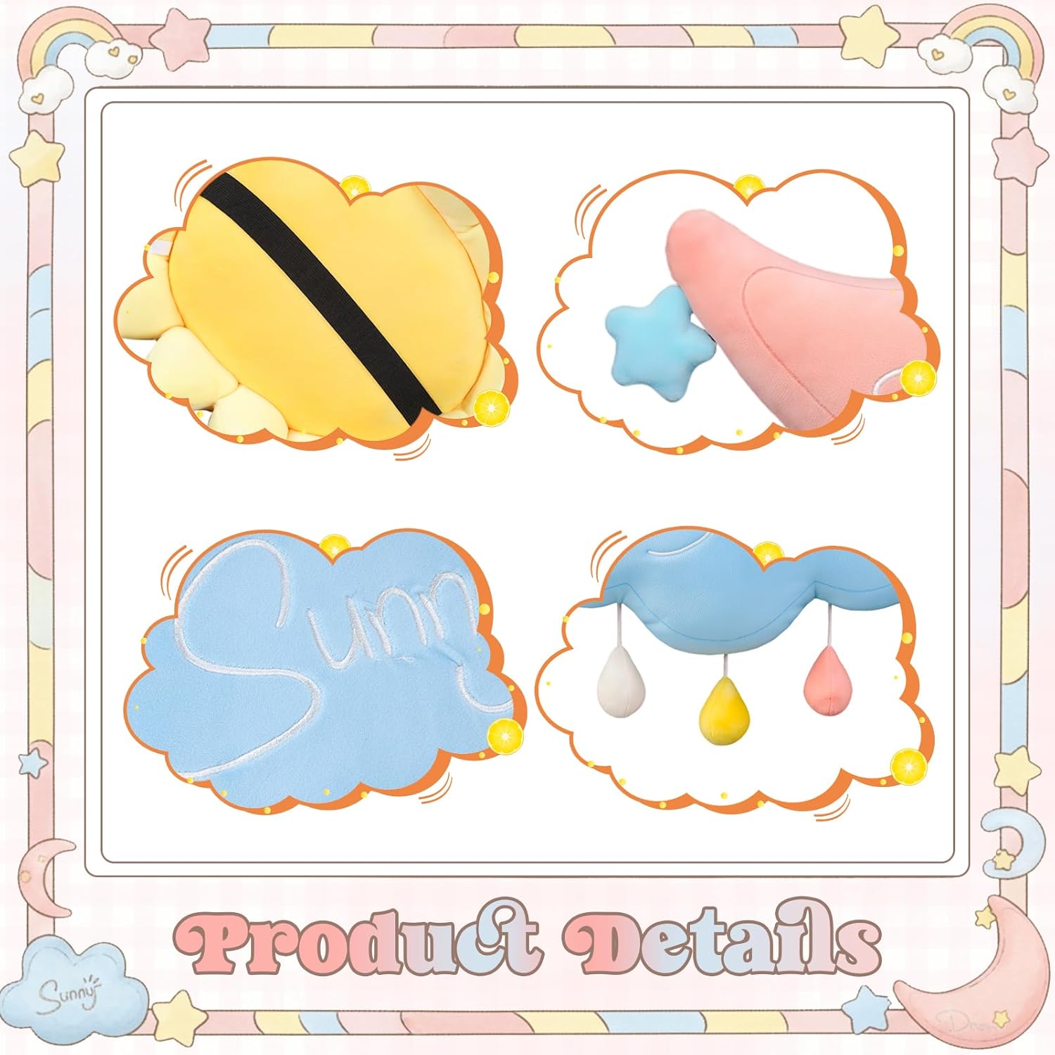 4 Pcs Cloud Rainbow Moon Sun Pillow 17" Soft Plush Pillow Cute Stuffed Throw Cushion Decorative Creative Cushion for Home Decor Gift Room Reading Nook Decorations