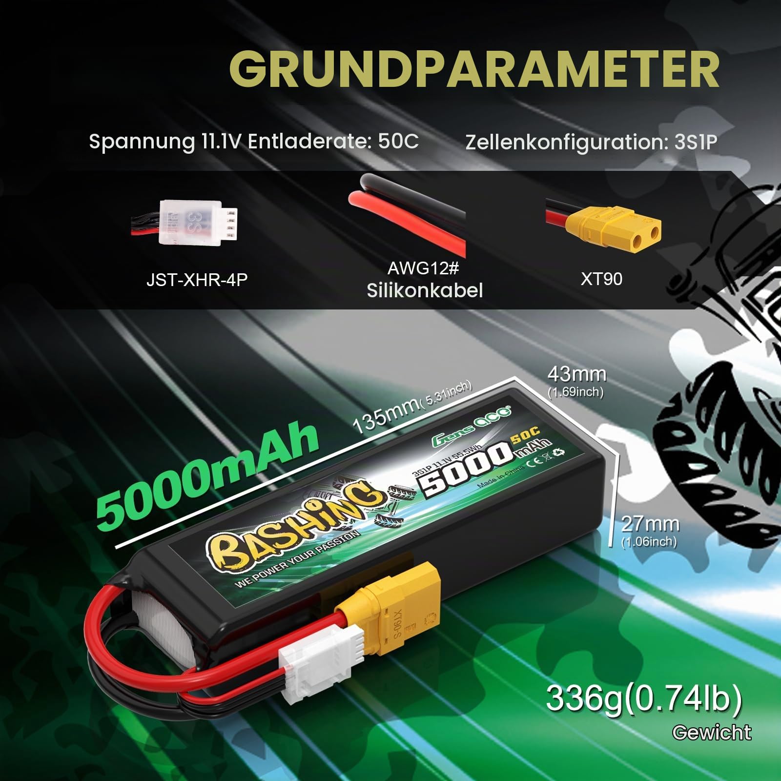 Gens Ace 3S LiPo Akku 11.1V 5000mAh 50C mit XT90 Stecker Bashing Batterie für 1/8,1/10 RC Auto RC Flugzeug, RC Hubschrauber, RC Hobby