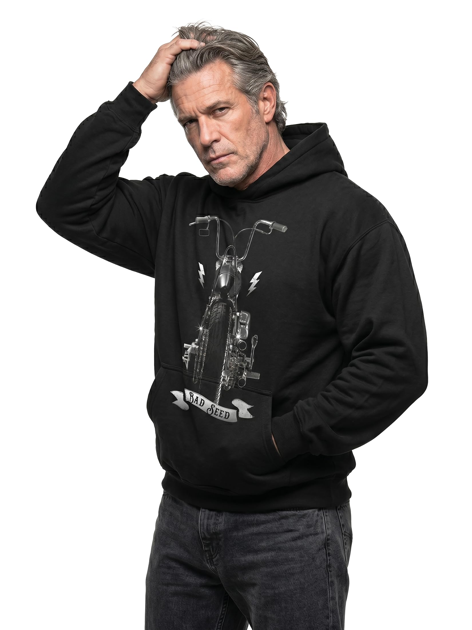 Makaya Bad Seed Sweat Shirt à Capuche Imprime Moto - Custom Bike Chopper - Pull Noir Sweatshirt