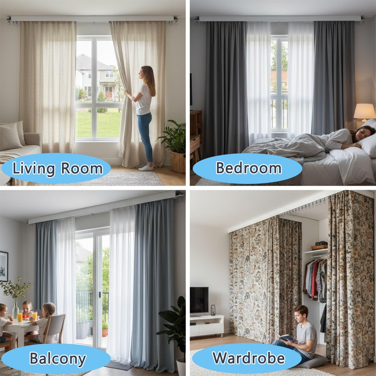 Szyna sufitowa ze stopu aluminium z cichymi rolkami, regulowana, 150, 200 cm, do przegrody pokoju biurowego i sypialni, prywatność, białe wykończenie, 530 cm