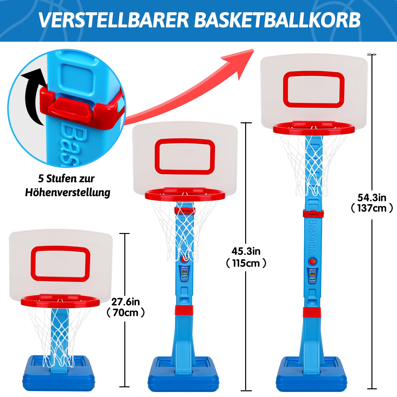 Basketballkorb Kinder Indoor Outdoor Spielzeug ab 2 3 4 Jahre, Höhenverstellbarer Basketballkorb 70-137cm mit Basketballs & Pumpe, Kinderspielzeug Geschenk für Jungen Mädchen ab 1 2 3 4 5 Jahre(Blau)