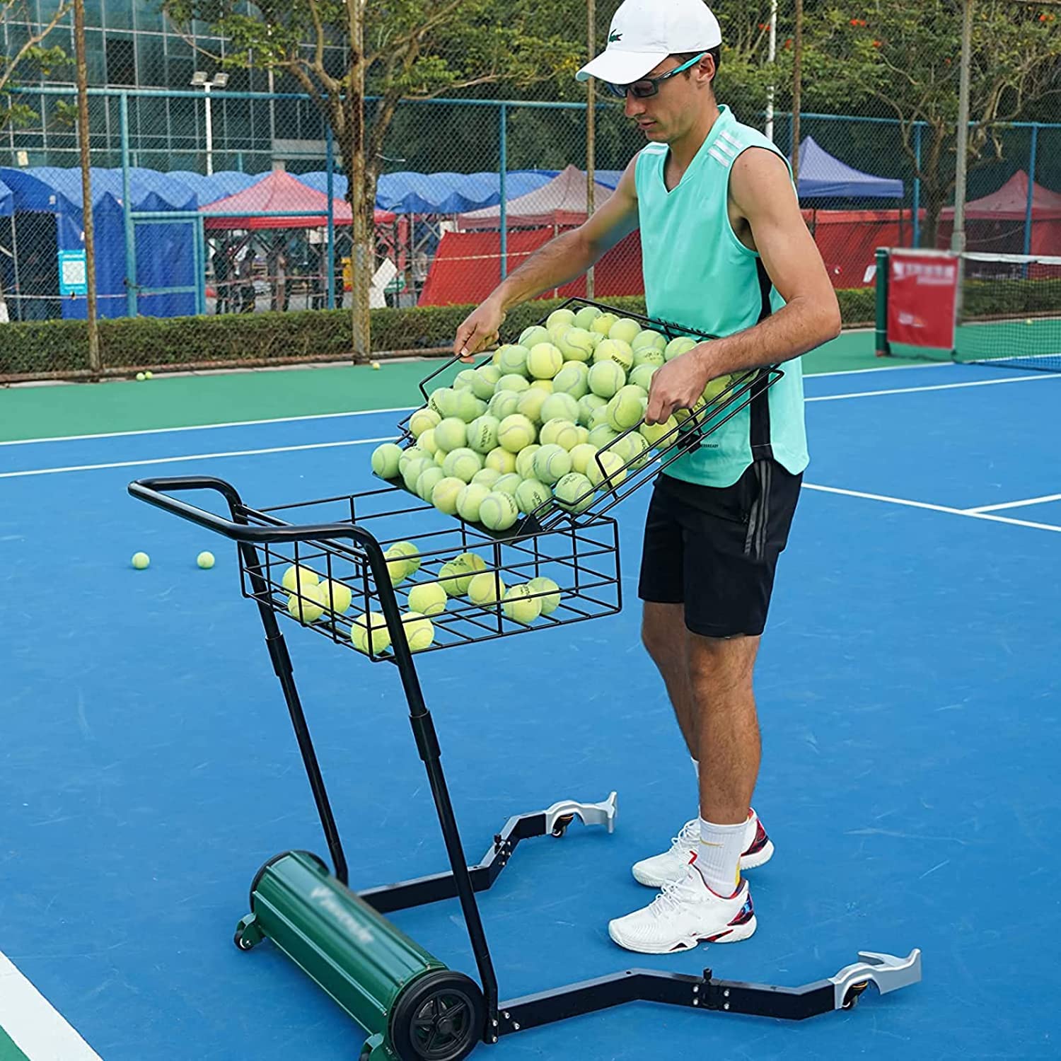 Carrello per la raccolta di palline da tennis, carrello per l'allenamento con raccolta facile di palline, carrello per l'insegnamento, raccoglie 80 palline alla volta, può contenere fino a 170 palli
