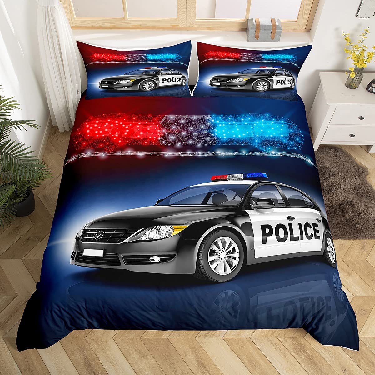 Homewish Boys Police Car Bedding Set Double Size,Kids Black Policeman Car Duvet Cover