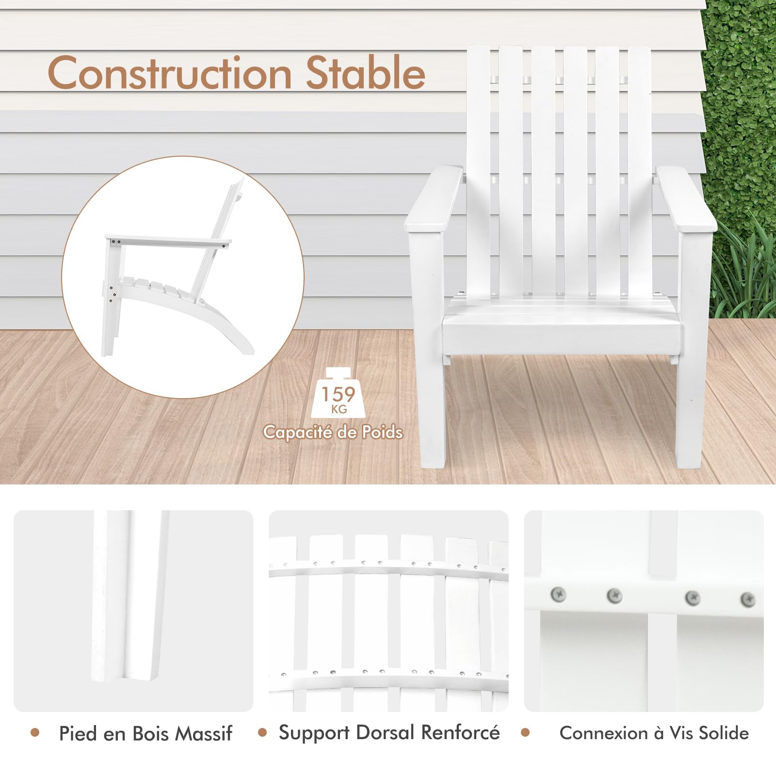 COSTWAY Chaise Adirondack en Bois d'Acacia, Chaise Exterieur Jardin avec Accoudoir Ergonomique, Fauteuil Exterieur pour Balcon Piscine Cour Terrasse, Charge 160 kg, 73 x 67,5 x 86 cm (Blanc)