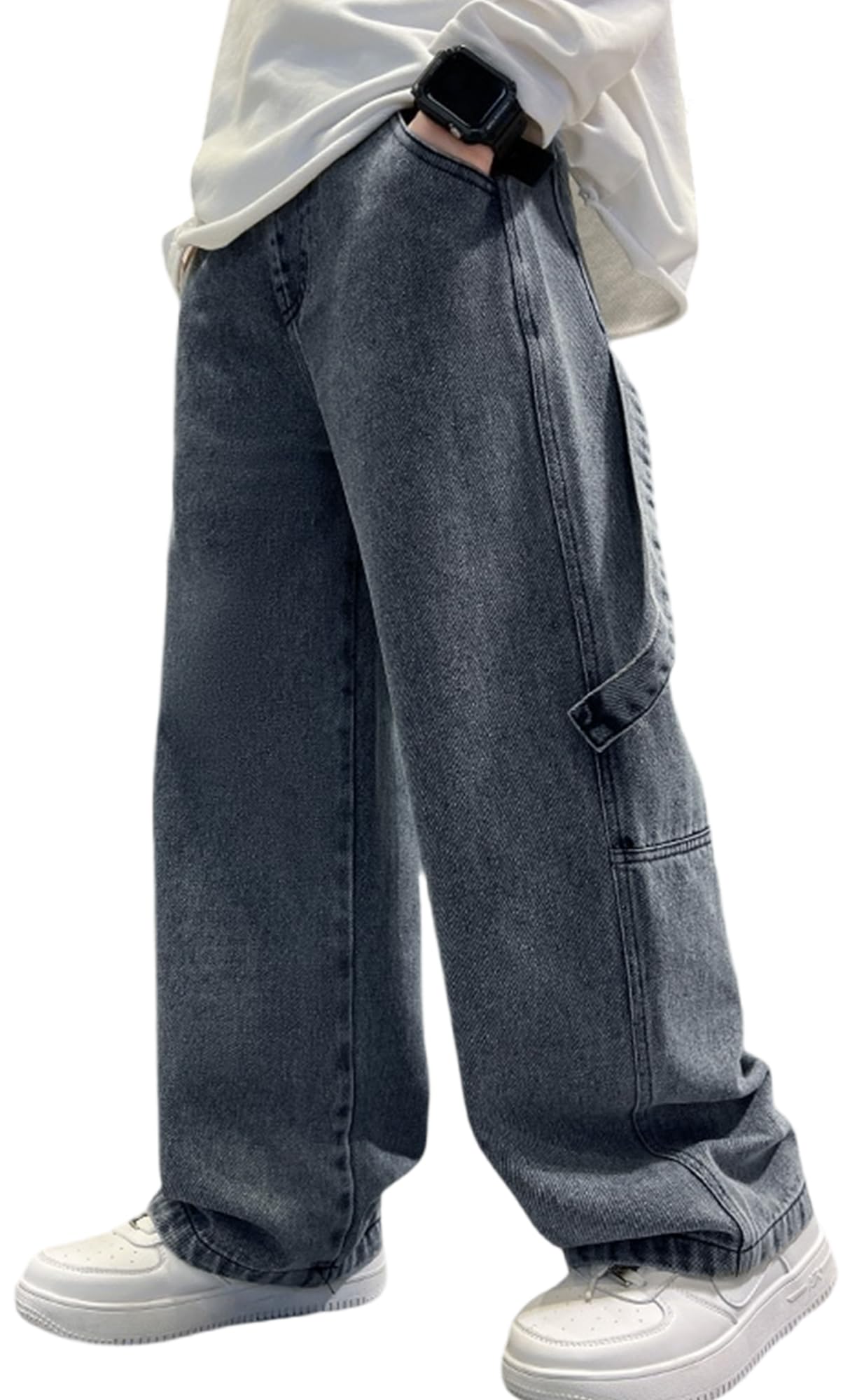 Happy Cherry - Baggy Jeans Jungen Hose Denim Teenager Jeanshosen Weitem Bein Vintage Streetstyle Kinder 5-14 Jahre mit Elastischem Bund für Frühling Sommer Herbst Winter - 110-170