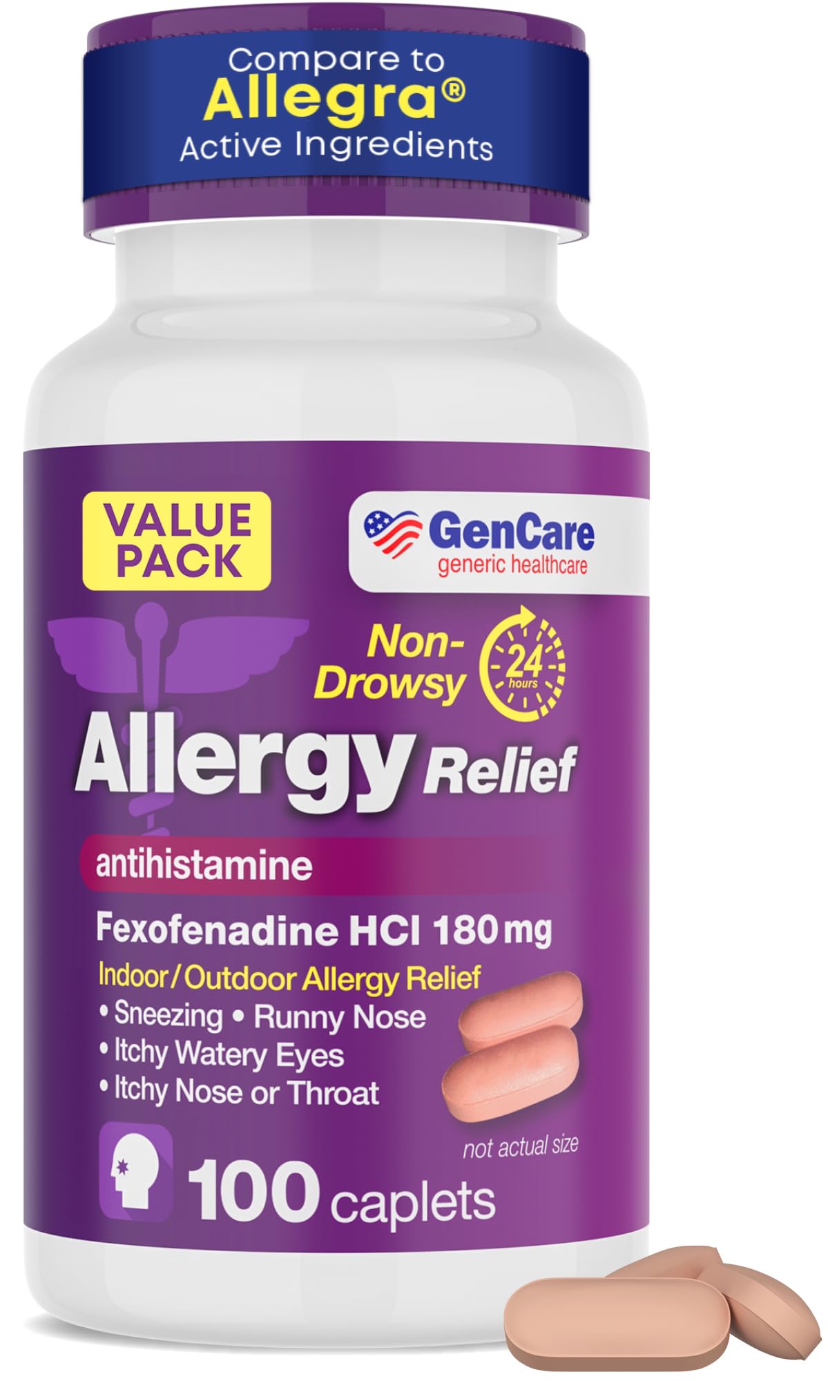 GenCare Allergy Relief Pills - Fexofenadine 180mg 24 Hour Non-Drowsy Allergy Medicine Antihistamine, Compare to Allegra 24 Hour Non Drowsy Pills for Itchy Eyes, Runny Nose, Hives (100 Count)