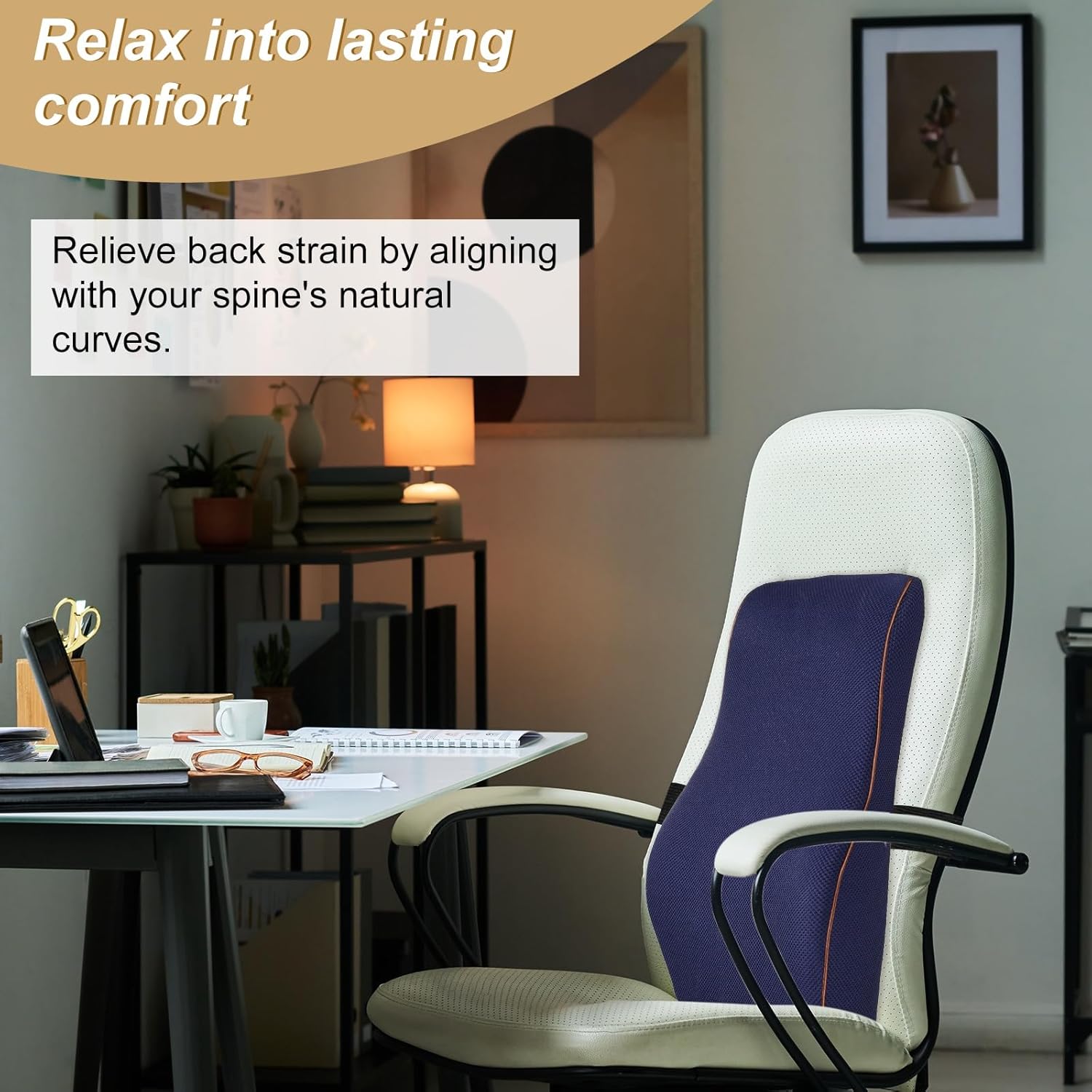 HARFINGTON Lumbar Support Pillow Memory Foam Gaming Office Chair Desk Ergonomic Back Cushion for Home Driving Car Seat, Navy