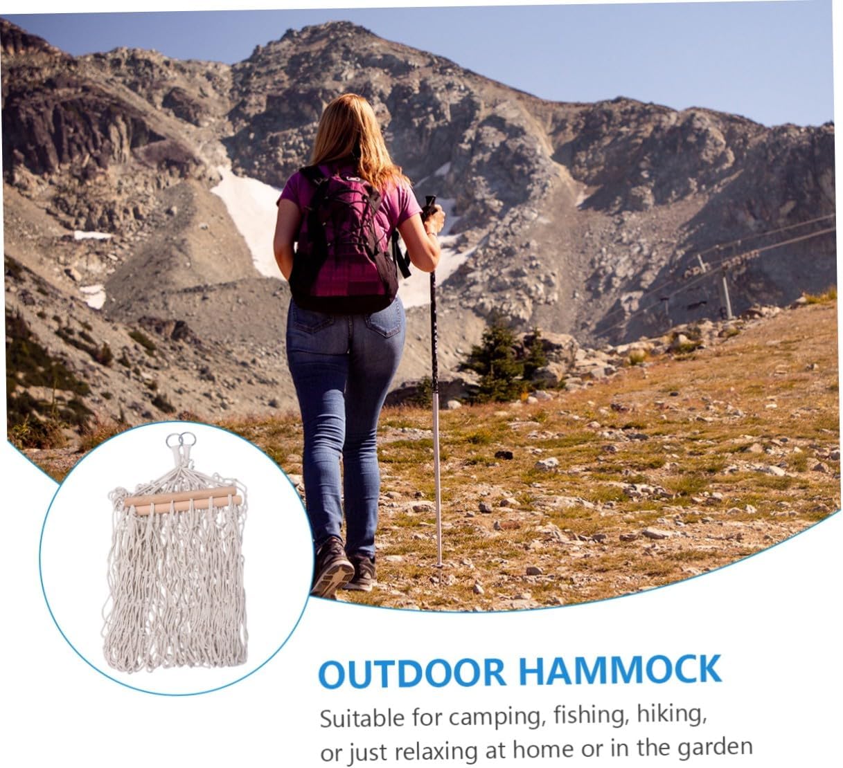 Outdoor Mesh Hammock with Wood Stick, Single Cotton Rope Hanging Sleeping Bed, Portable Leisure Hammock for Camping and Backyard Use