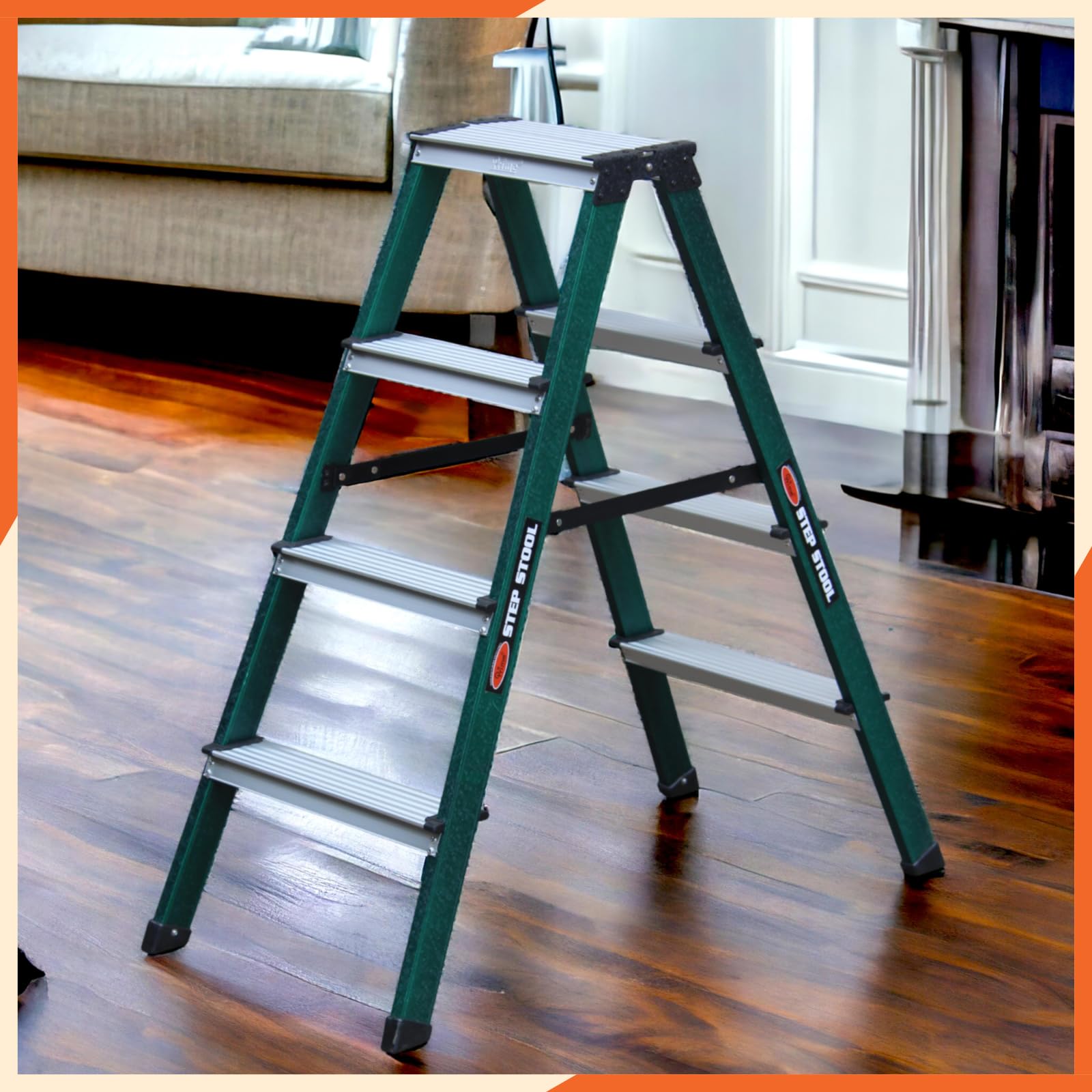 Prime 4steps Alligator Pattern Powder-Coated Finish Foldable Aluminium Twin Step Stool Ladder for Home & Office Use | Made in India | 5 Years Warranty | Anti-Skid Serrated Steps (Emerald Green)