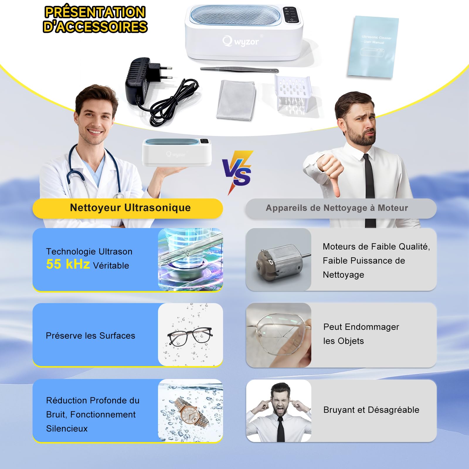 Nettoyeur Ultrasons, 55000Hz Bac a Ultrason, 350ml Ultrasonic Cleaner avec Écran LED, 4 Modes Nettoyeur Ultrason Bijoux avec Lumière UV pour Lunettes, Appareils Dentaires, Montres, Bagues et Colliers